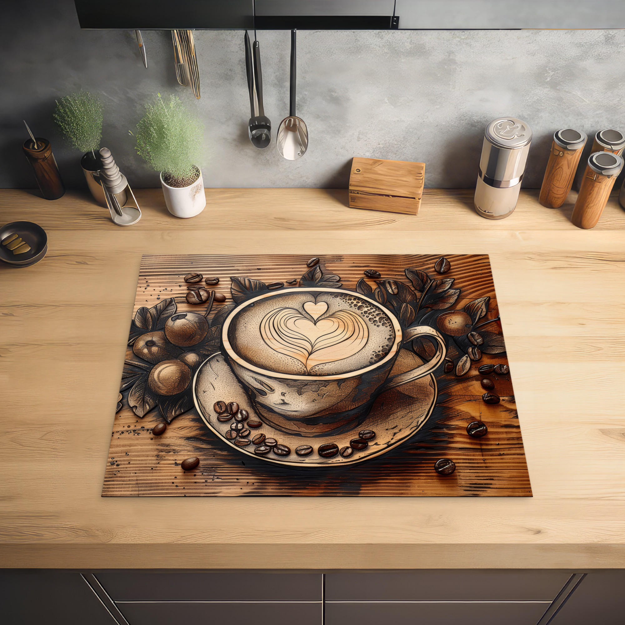 HERDABDECKPLATTE Kaffee - Vintage - Braun - Tasse - Holz 65x52 cm - Cappuccino, Kunststoff (65/0.2/52cm) - MuchoWow
