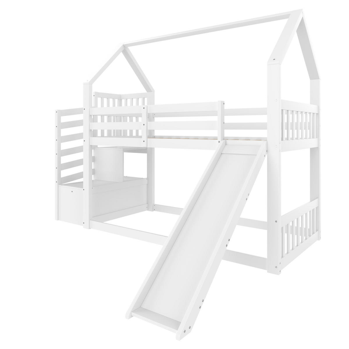 ETAGENBETT Hausbett mit Rutsche und Stauraumtreppe, 90/200 cm, Weiß, ohne Matratze - Weiß, Holz (90/200cm) - MIVRAY