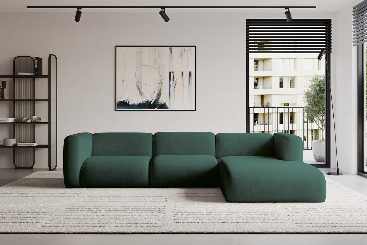 ECKSOFA Ottomane Rechts MIRA-L2 318x179x89 Grün Velours - Dunkelgrün/Schwarz, Holzwerkstoff/Kunststoff (318/179cm) - ALTDECOR