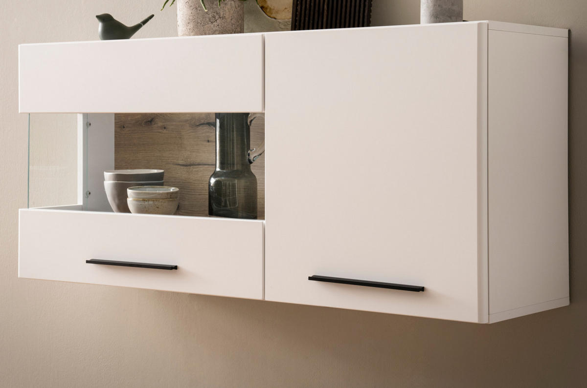 HÄNGEVITRINE weiß matt, Evoke Eiche, Vitrine hängend 120 cm, Soft-Close-Funktion - Eichefarben/Schwarz, Glas/Holzwerkstoff (120/54/35cm) - Furn.Design