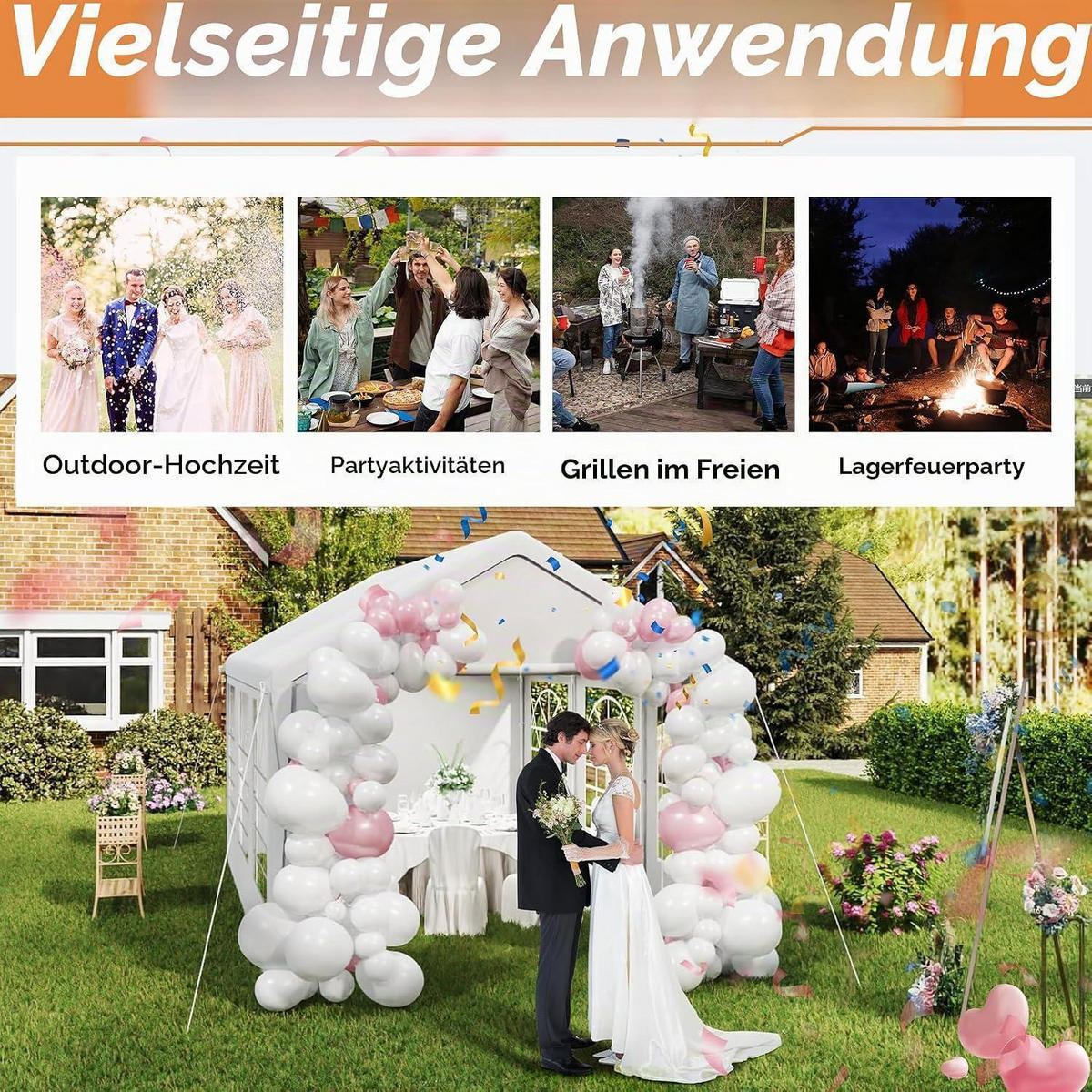 GARTENZELT 3 x 6 m Weiß mit 4 Seitenwänden - Weiß, Textil (300/280/600cm)
