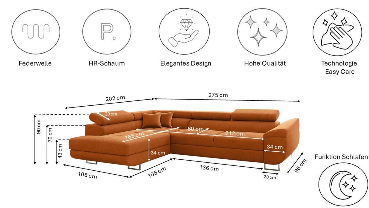 ECKSOFA FALIO L-Form Mit Schlaffunktion Im Modernen Stil Für Das Wohn Und Schlafzimmer Orange Links - Orange, Holz/Textil (202/275cm) - Kaiser Möbel