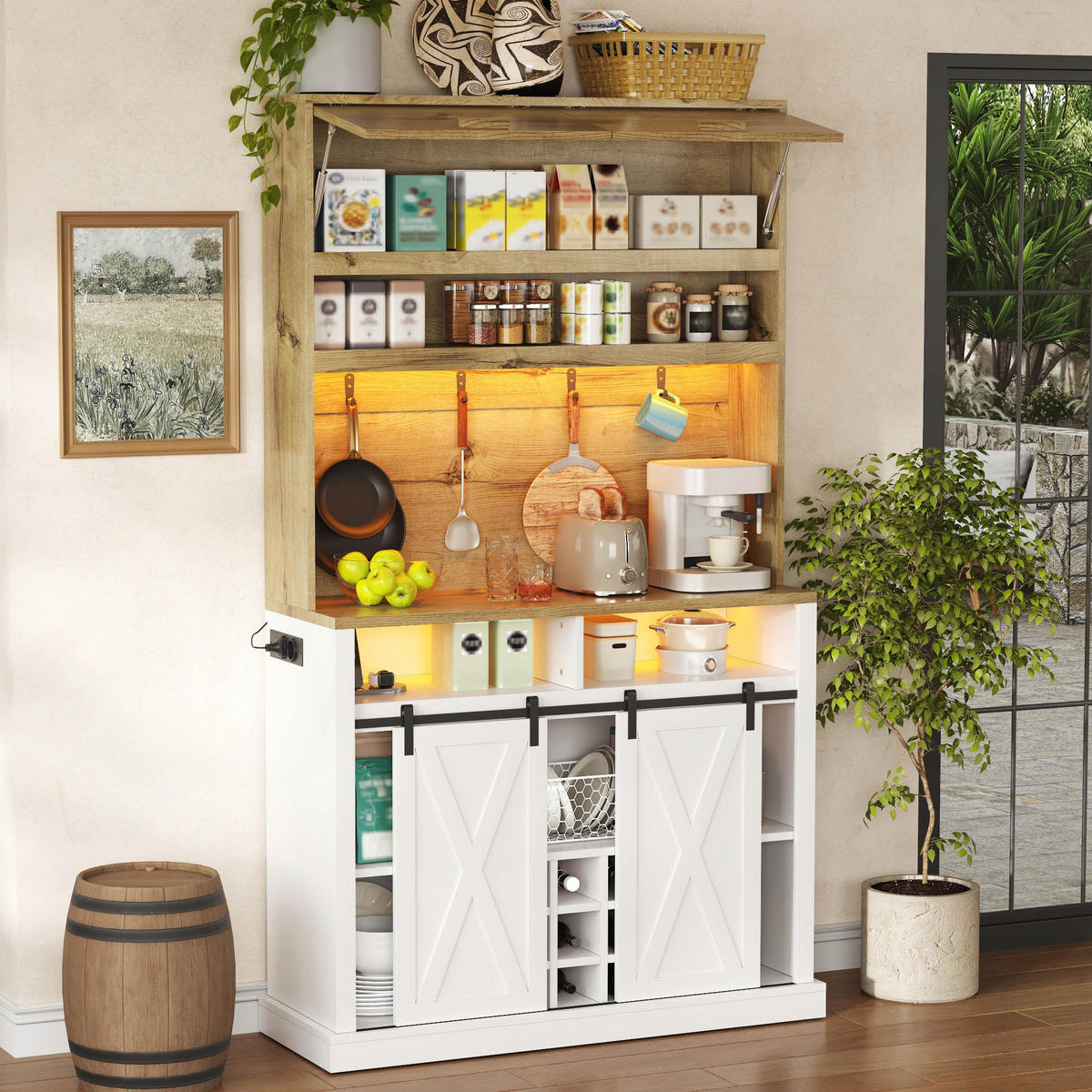 BUFFET 191 cm MDF Natur Weiß mit Vitrine, Weinregal und RGB-LED - Weiß, Holzwerkstoff (40/191/110cm) - Korfee