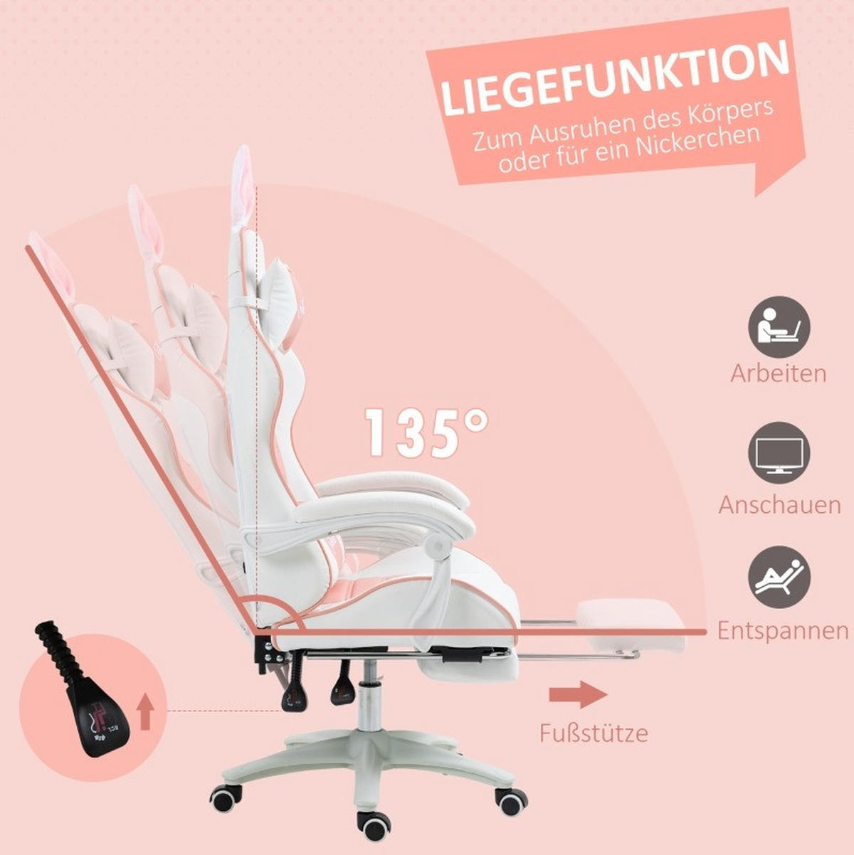 GAMINGSTUHL 65/63/136-142 cm, höhenverstellbar 44-52 cm, mit Fußstütze und Hasenohren, Bonded Leather, Pink - Pink, Kunststoff (63/142/65cm) - Redom