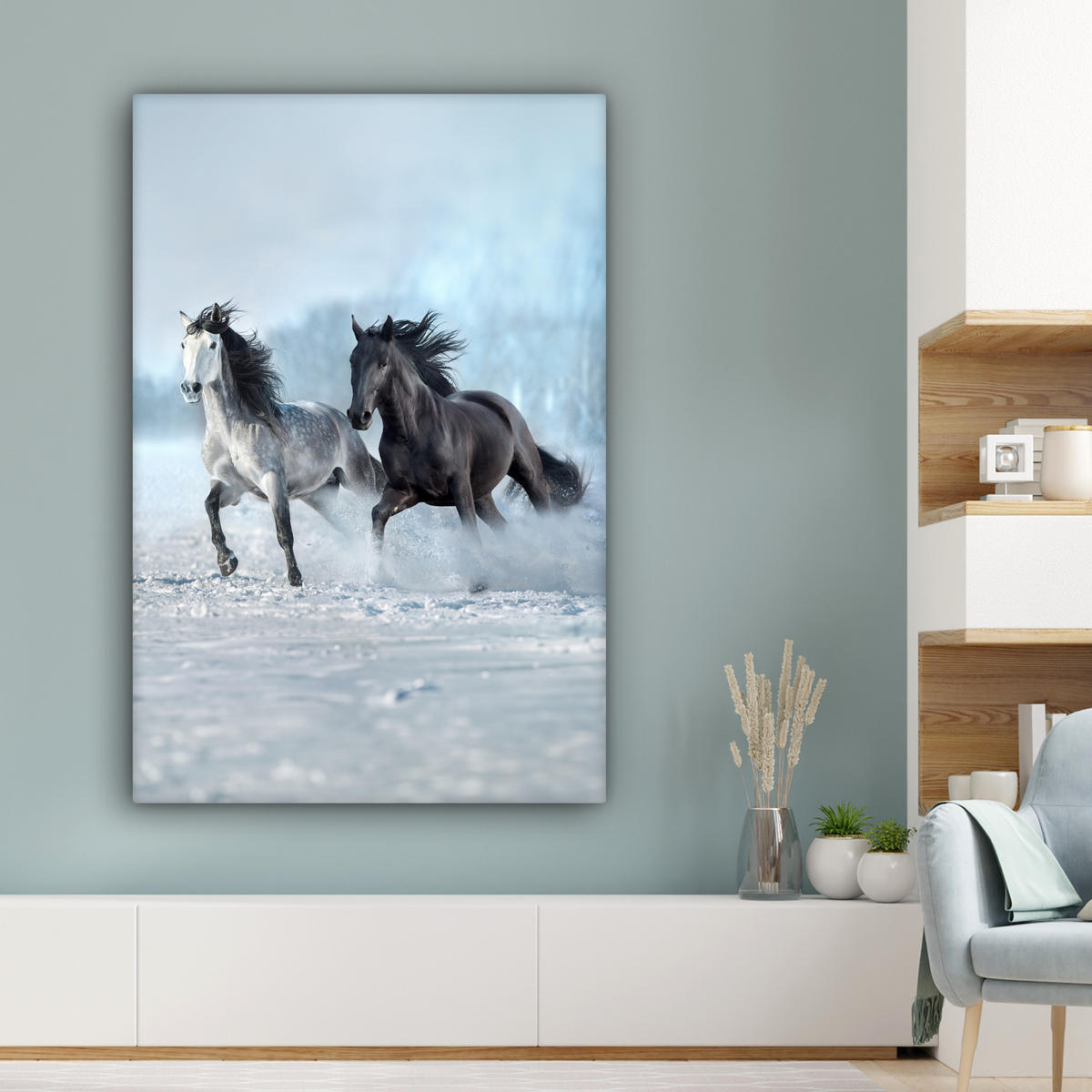 LEINWANDBILD Pferde - Winter - Tiere - Natur - Schnee 80x120 cm - Anthrazit, Textil (80/120cm) - MuchoWow