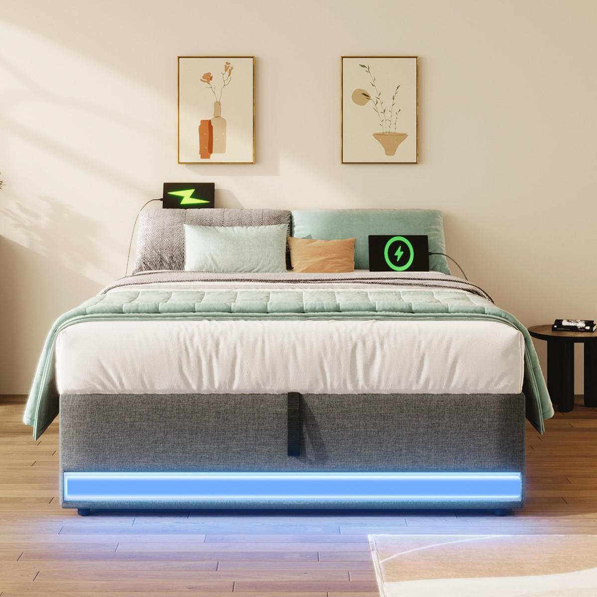 POLSTERBETT 90/200 cm Grau aus Leinen mit LED-Leiste - Grau, Textil (90/200cm) - OKMYHOME