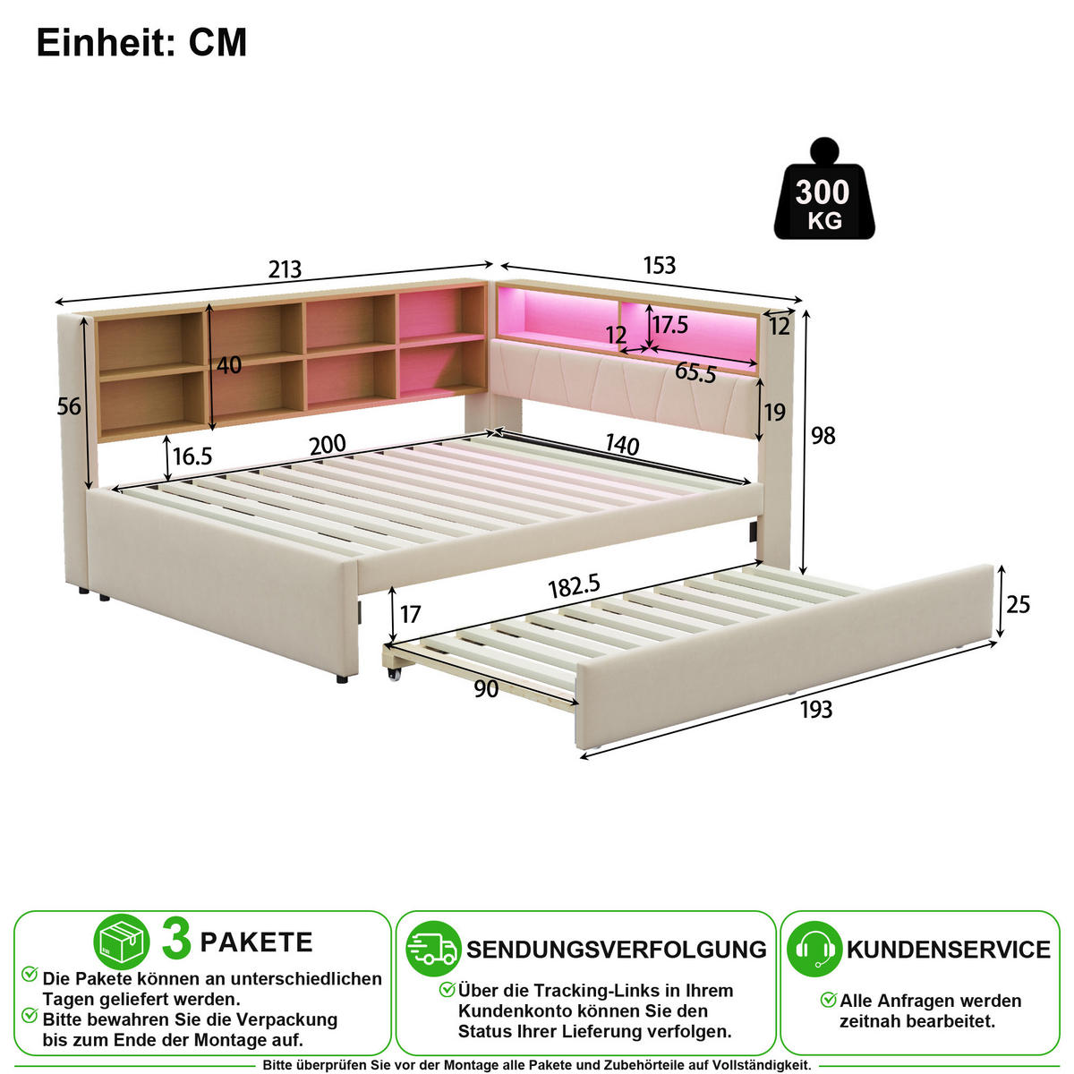 ROZKLÁDACÍ POHOVKA 140/200 cm & 90/190 cm v béžové barvě s LED, USB a policemi - béžová, kov/kompozitní dřevo (140/200cm) - CHICFURN