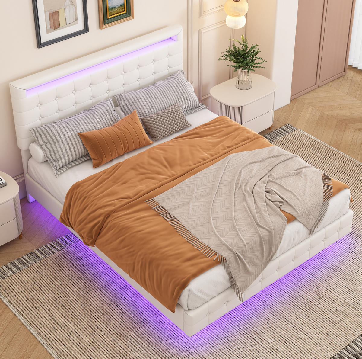 POLSTERBETT aus PU und MDF 140x200 cm Weiß mit LED-Beleuchtung, 3-fach verstellbarem Kopfteil und schwebender Optik - Weiß, Leder (140/200cm) - Modfu