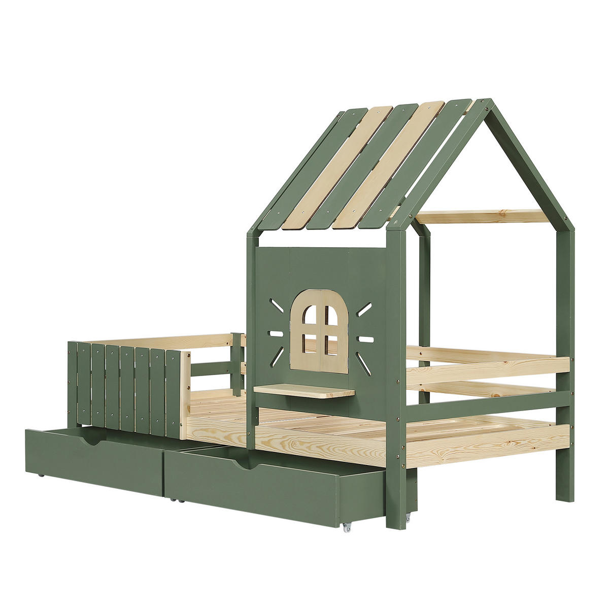 KINDERBETT 90/200 cm in Grün & Natur mit 2 Schubladen - Grün, Holz/Holzwerkstoff (90/200cm) - WISHDOR