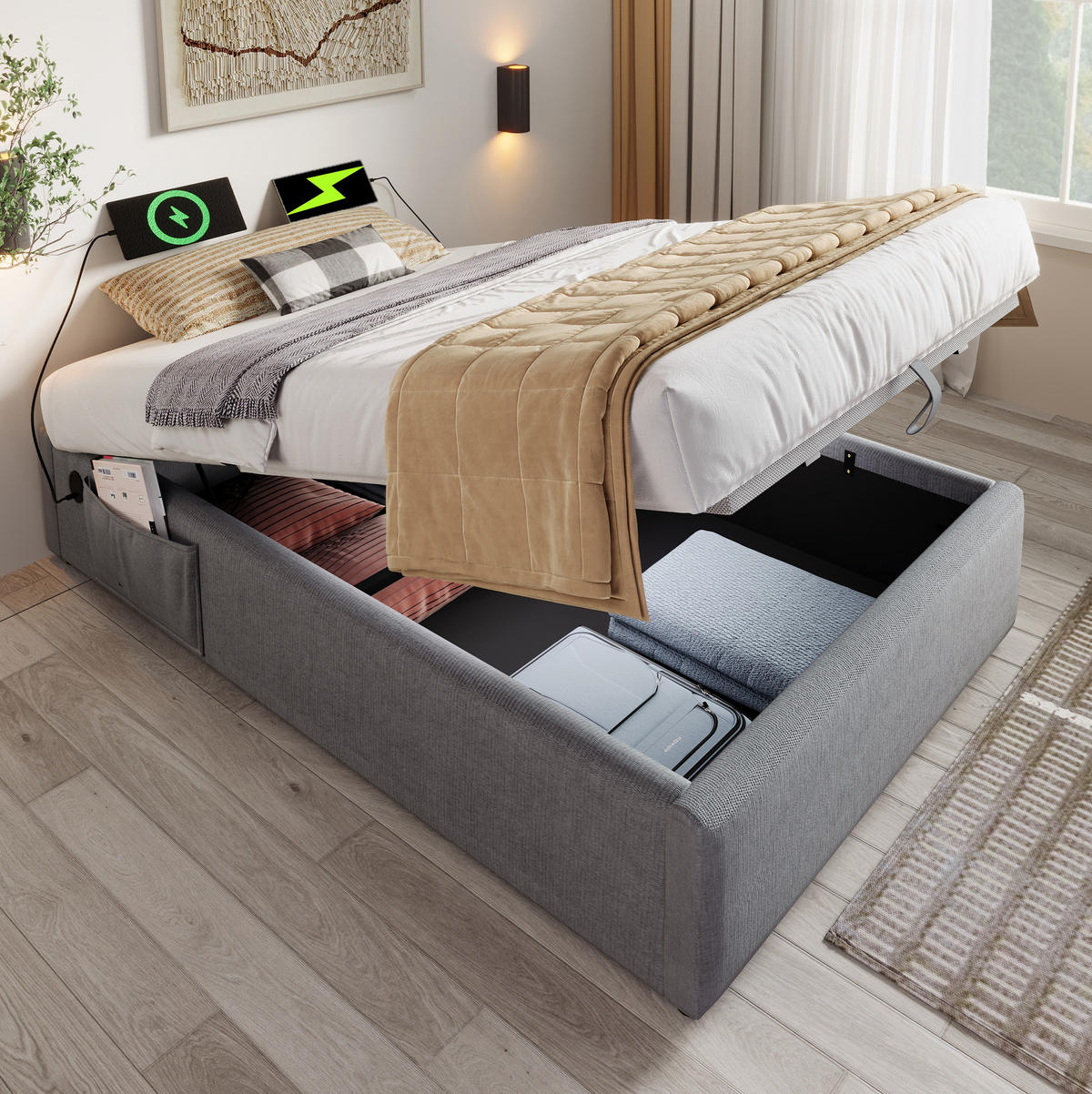 POLSTERBETT aus Baumwoll-Leinen 90x190 cm in Grau mit USB-C & Stauraum - Grau, Textil (90/190cm) - Modfu