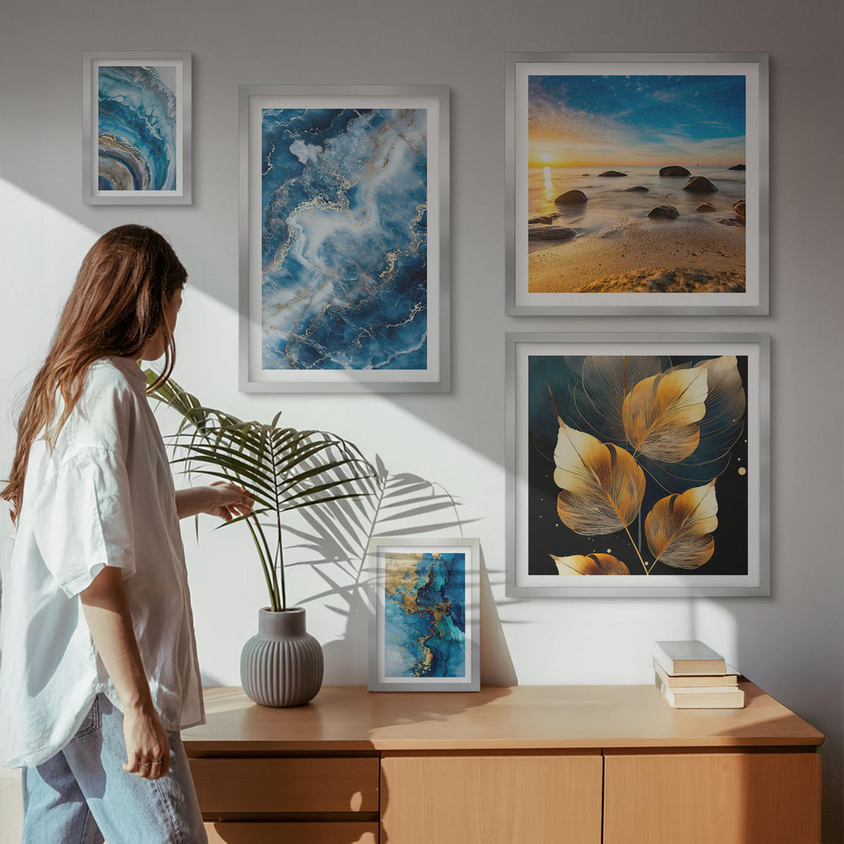 BILDER SET 5er Set - 50x50 cm & 20x30 cm & 40x60 cm Silberner Rahmen - Porträt einer Frau, Auge, Farben, Emotionen - Silberfarben, Kunststoff (40/60cm) - TULUP