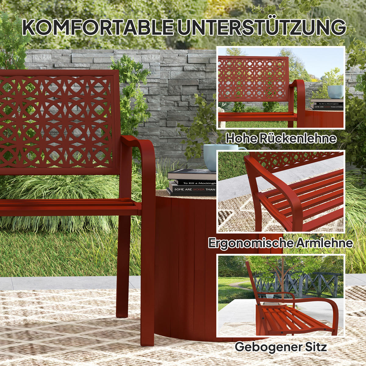 GARTENBANK 2-Sitzer - Rot, Metall (63/85/127cm) - Outsunny