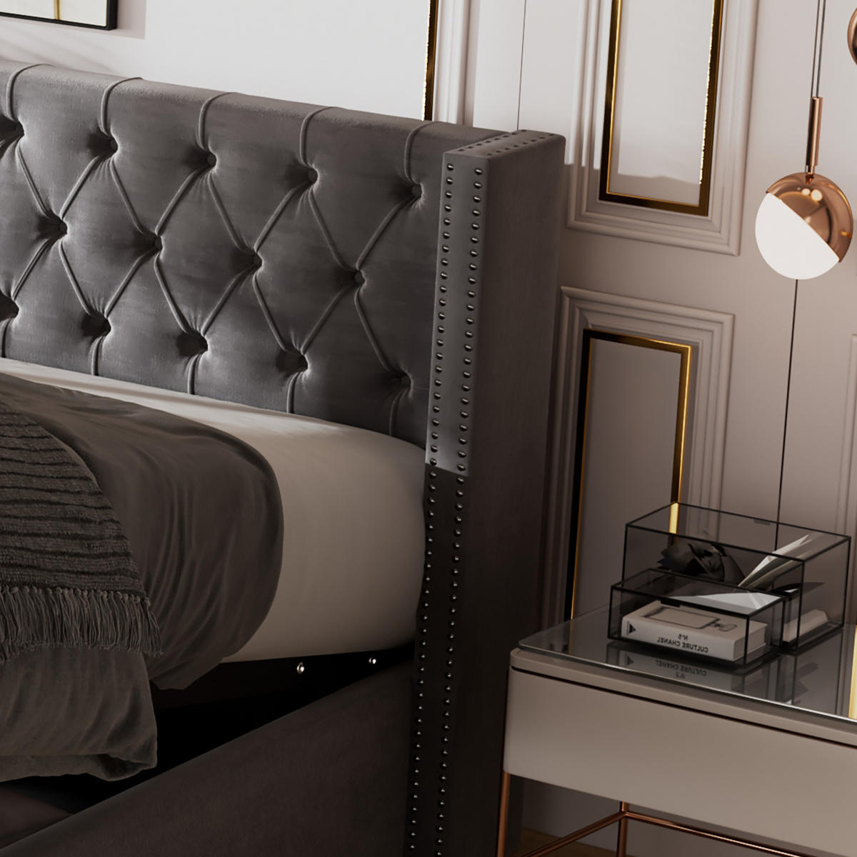 POLSTERBETT 180/200 cm grau mit hydraulischem Bettkasten und hohem Kopfteil - Grau, Textil (180/200cm) - OKWISH