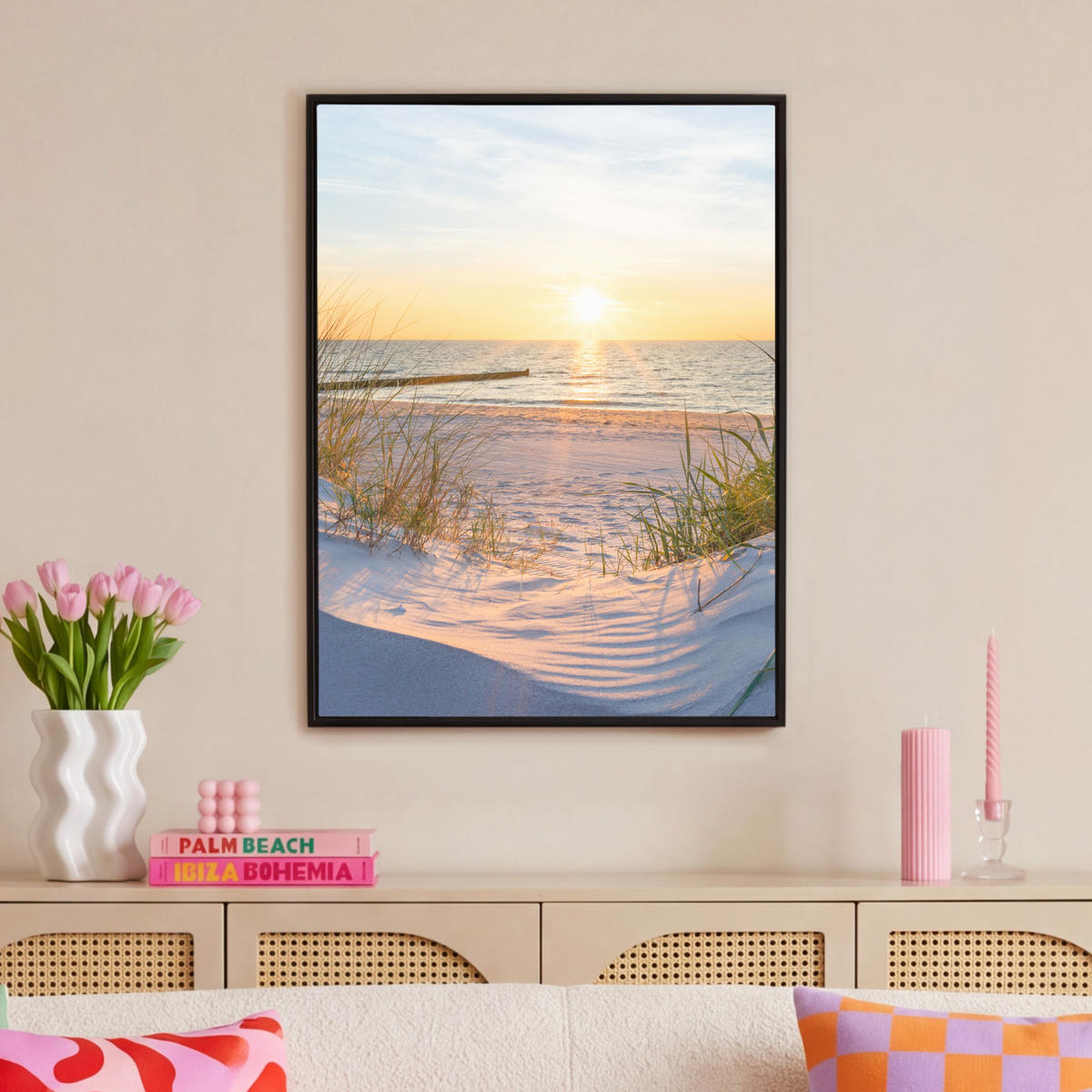 LEINWAND Bilder mit Rahmen - Strand - Sonne - Düne - Gras - Sand - Horizont - 70x100 - Hellblau, Textil (70/100cm) - MuchoWow