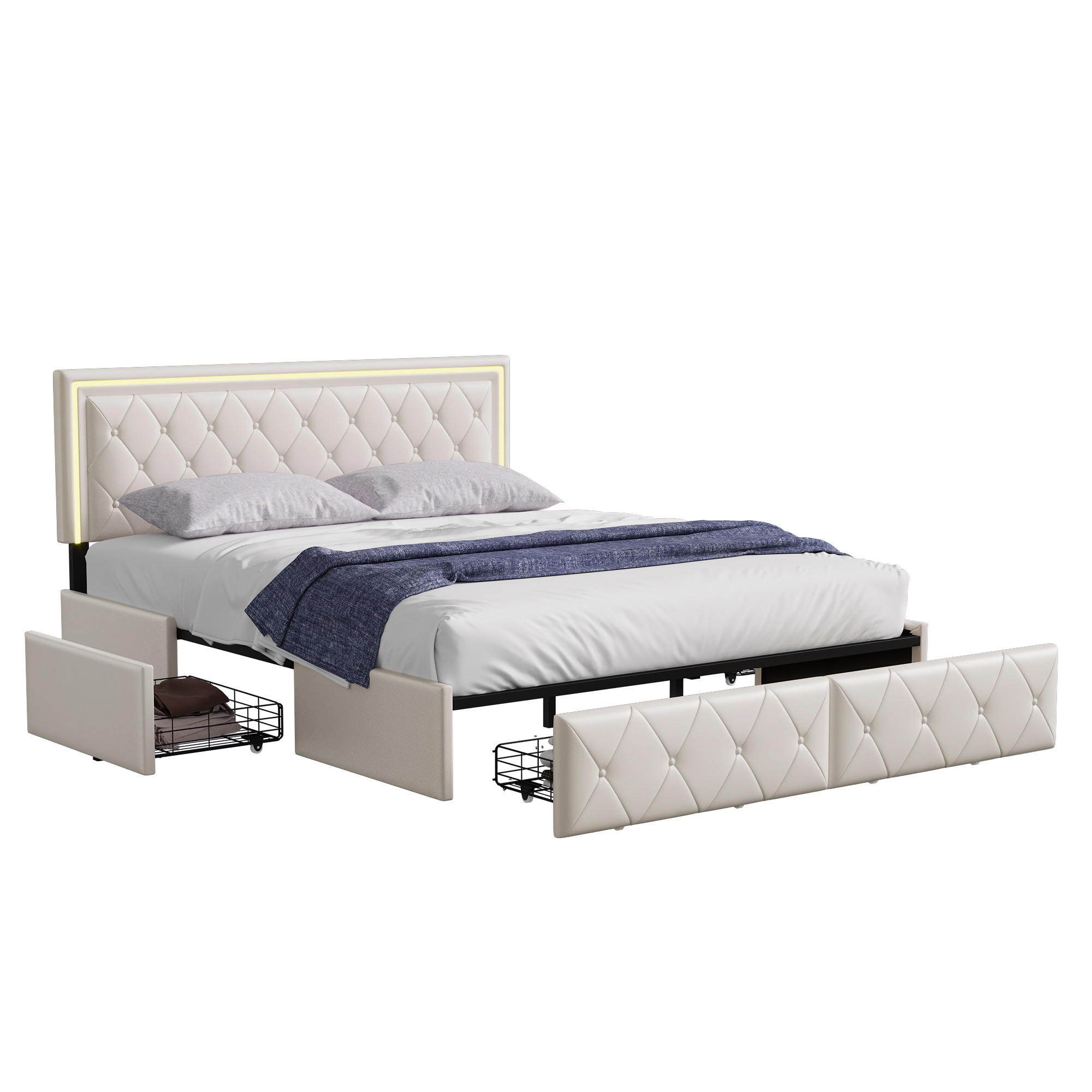 POLSTERBETT 160x200 cm, mit 4 Schubladen, Lattenrost, PU-Beige - Beige, Holzwerkstoff/Textil (160/200cm) - WoodenAura
