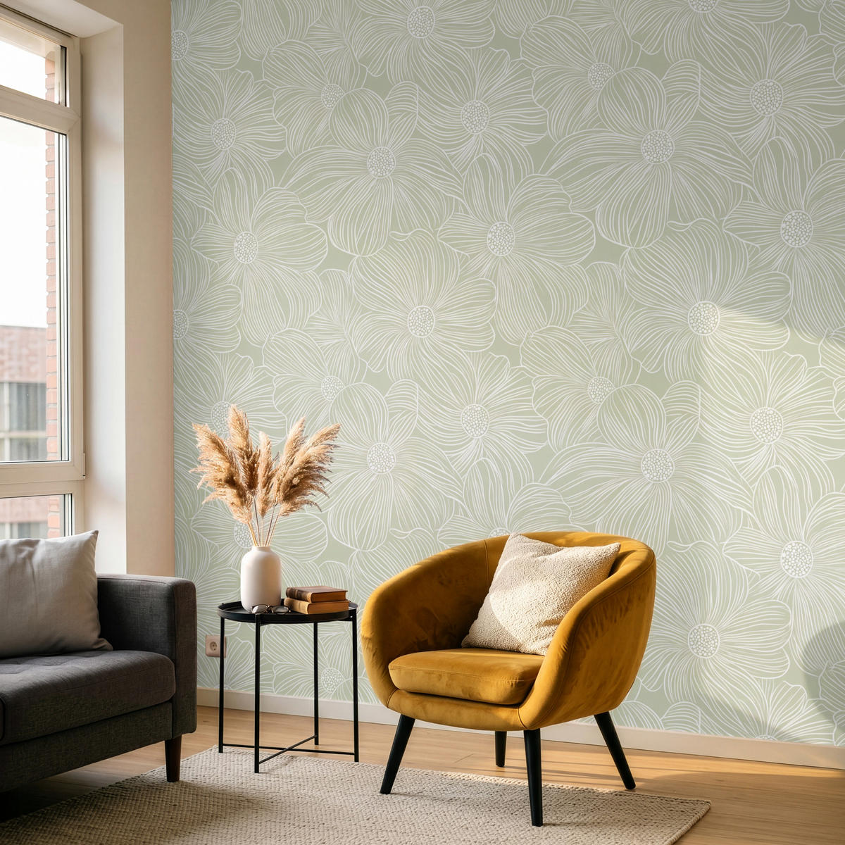 TAPETE - Gelassenheit - Blumen - Grün - 240x220 cm - Salbeigrün, Papier (240/220cm) - OnlyWow