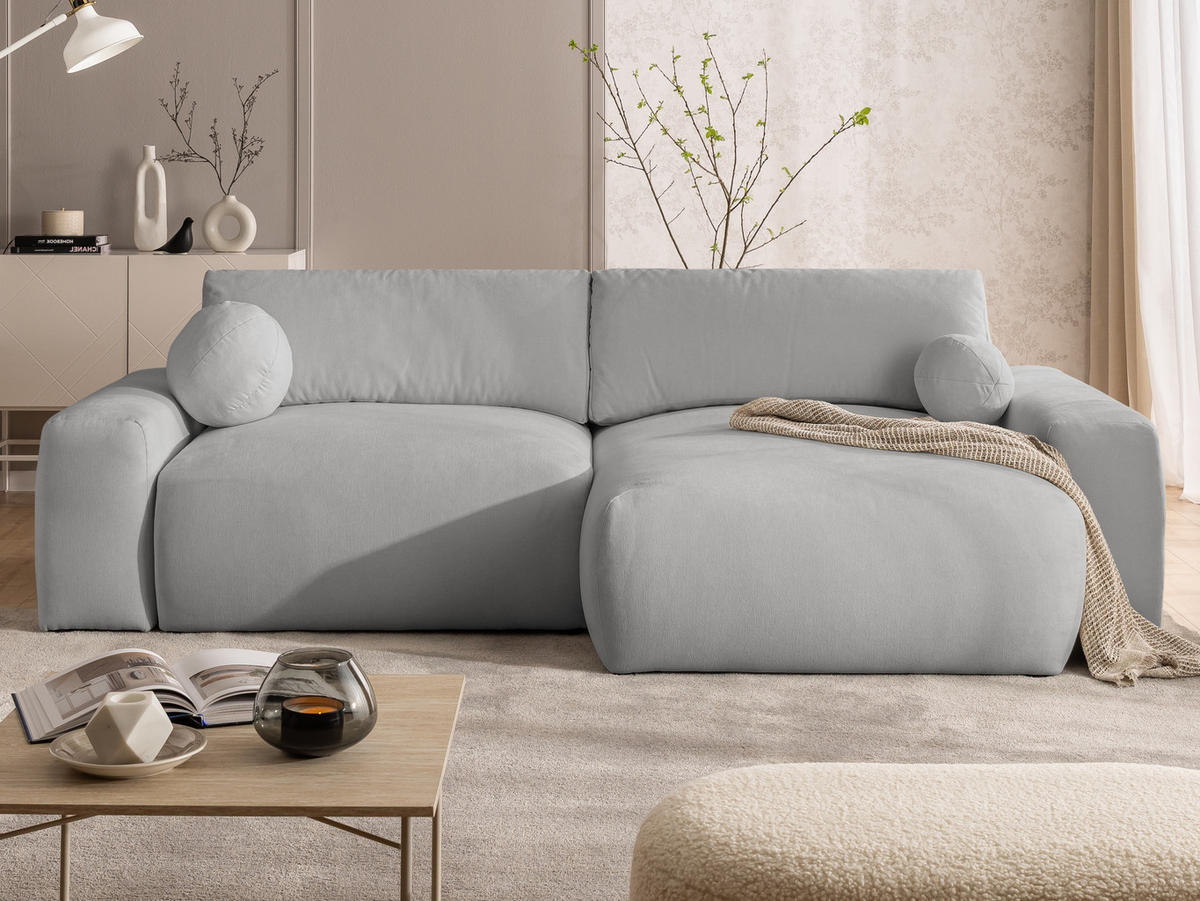 ECKSOFA Puffy mit Schlaffunktion und Bettkasten - besonders weich und puffig aus Grau Webstoff - Ottomane rechts - Schwarz/Grau, Holz/Kunststoff (266/138cm) - S-Style Möbel