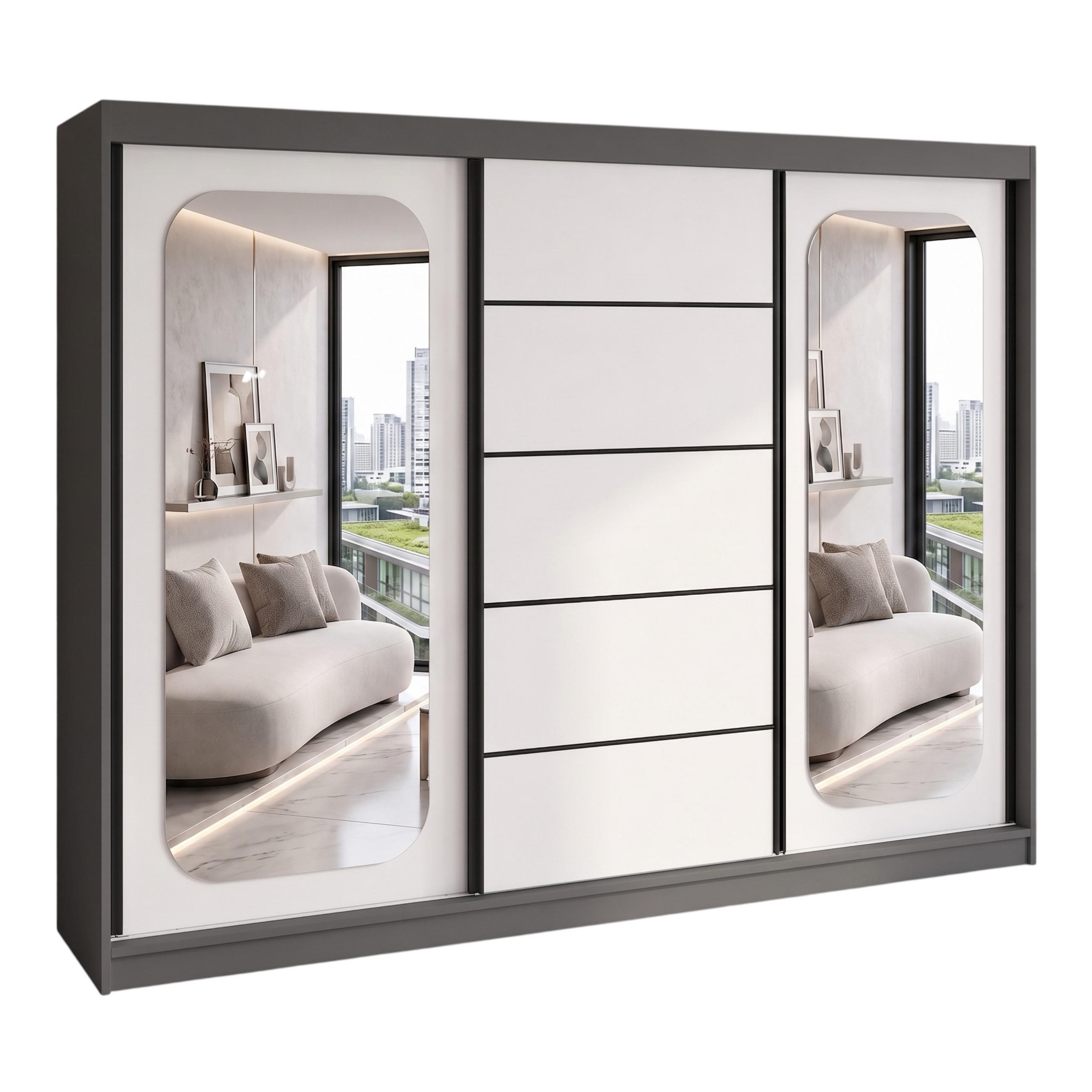 A&J MöbelLand Schwebetürenschrank Graphit, Weiß 200x215x59.5 cm