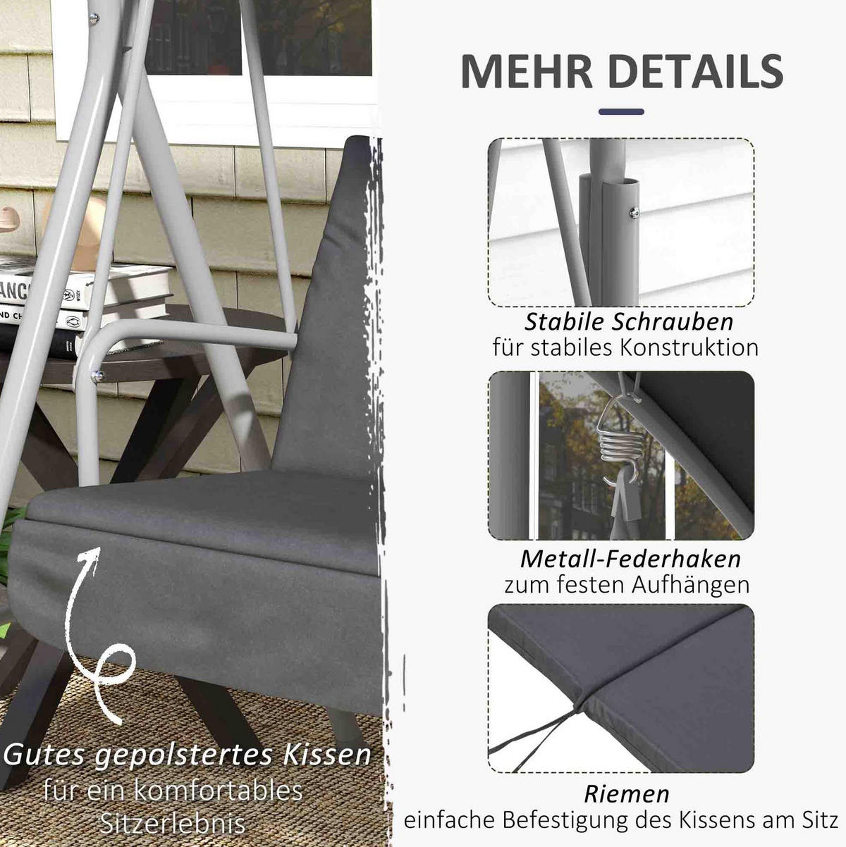 HOLLYWOODSCHAUKEL aus Metall 175x112x158cm in Schwarz mit Sonnendach & Mitteltisch - Schwarz, Metall (112/158/175cm) - Modfu