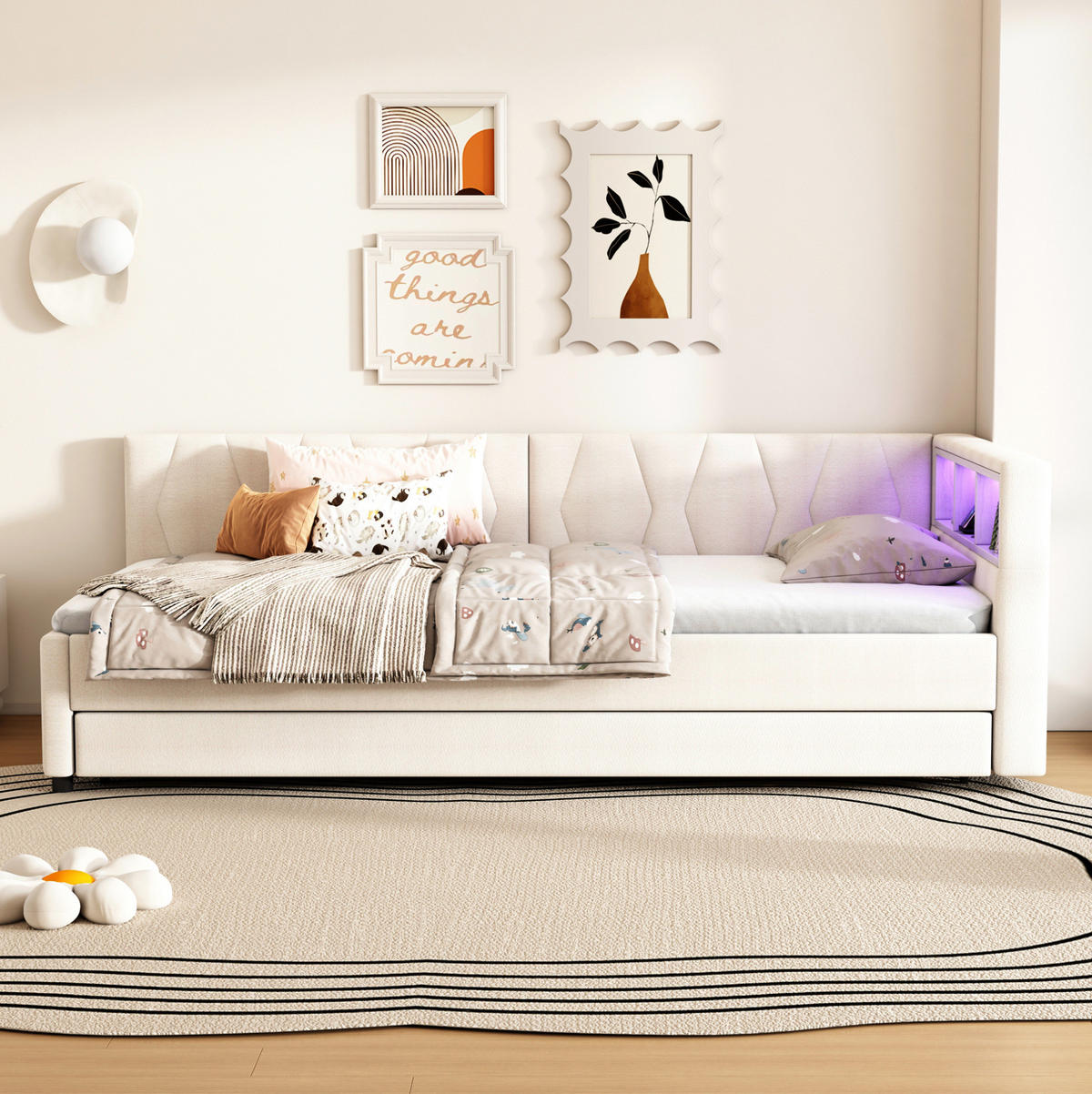 POLSTERBETT mit LED-Beleuchtung 90/200 cm mit Ausziehbett und USB, Beige - Beige, Textil (90/200cm) - BEAOK