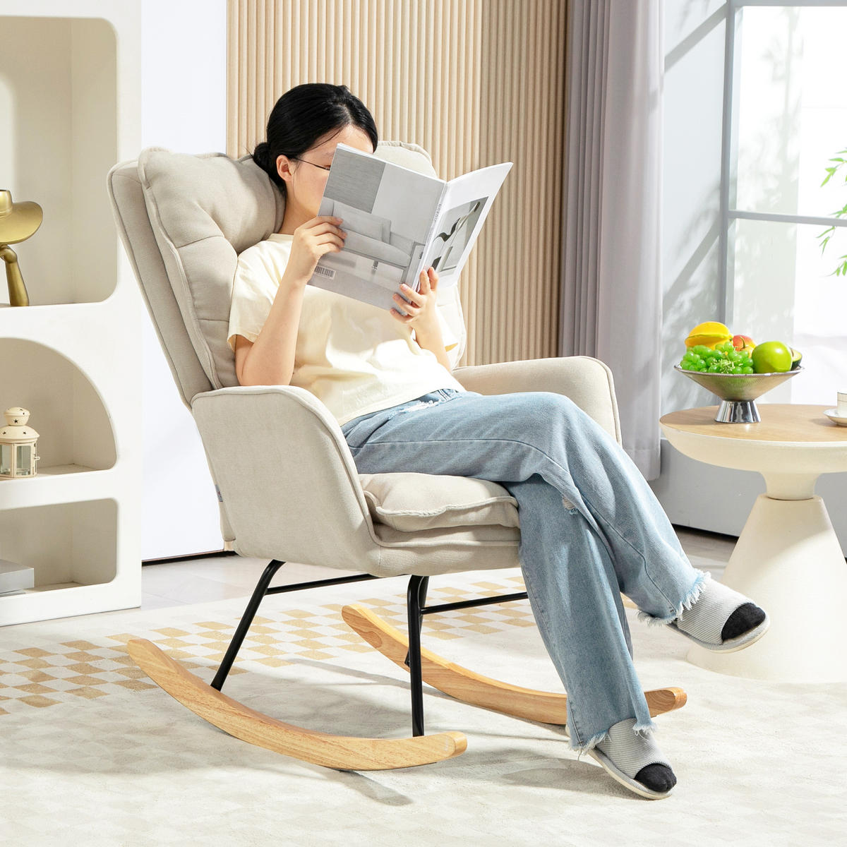 SCHAUKELSTUHL Schwingsessel Armlehnsessel mit Chenilleoptik für Schlafzimmer - Beige/Naturfarben, Holz/Textil (98.5/97/71cm) - HOMCOM