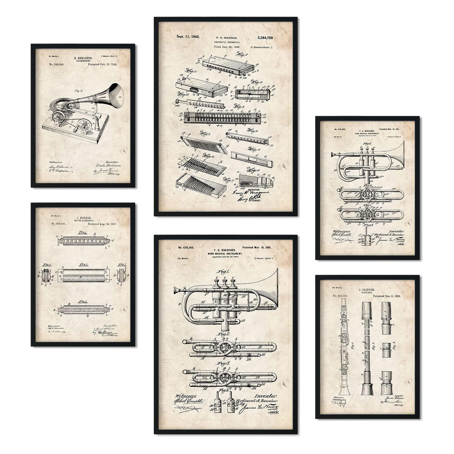 POSTER Set Mit 6 Plakaten Mit Blasinstrument Patenten Im Vintage Stil A3 & A4 Rahmenlos - Klar, Papier (29/3cm) - Nacnic