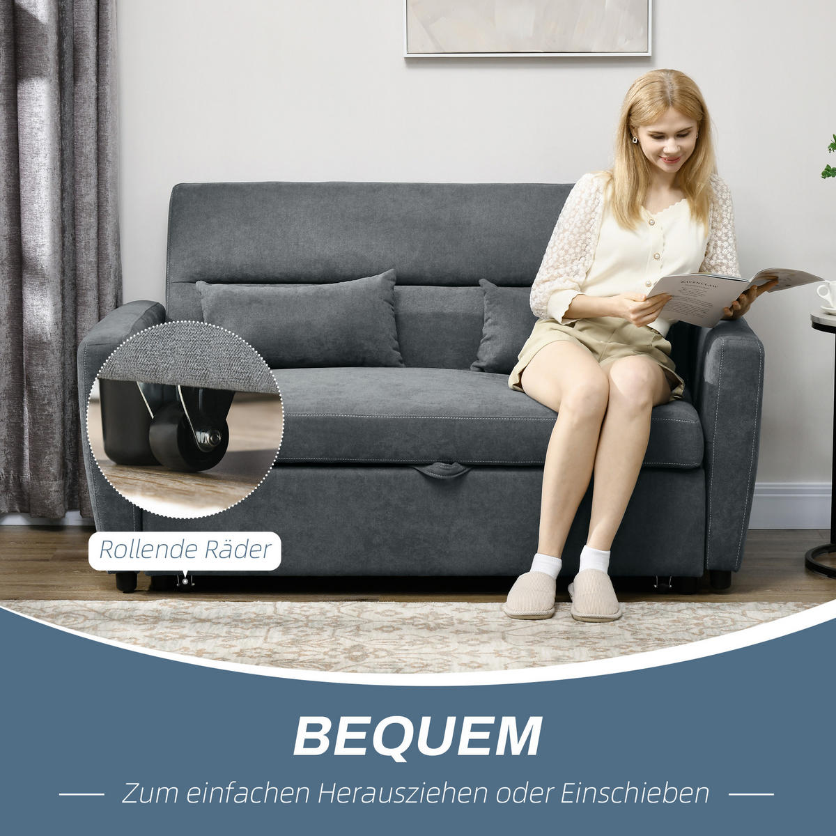 SCHLAFSOFA, Sofa mit Bettfunktion, Wurfkissen, Samtoptik für Wohnzimmer - Dunkelgrau, Holz (90/88.5/155cm) - HOMCOM