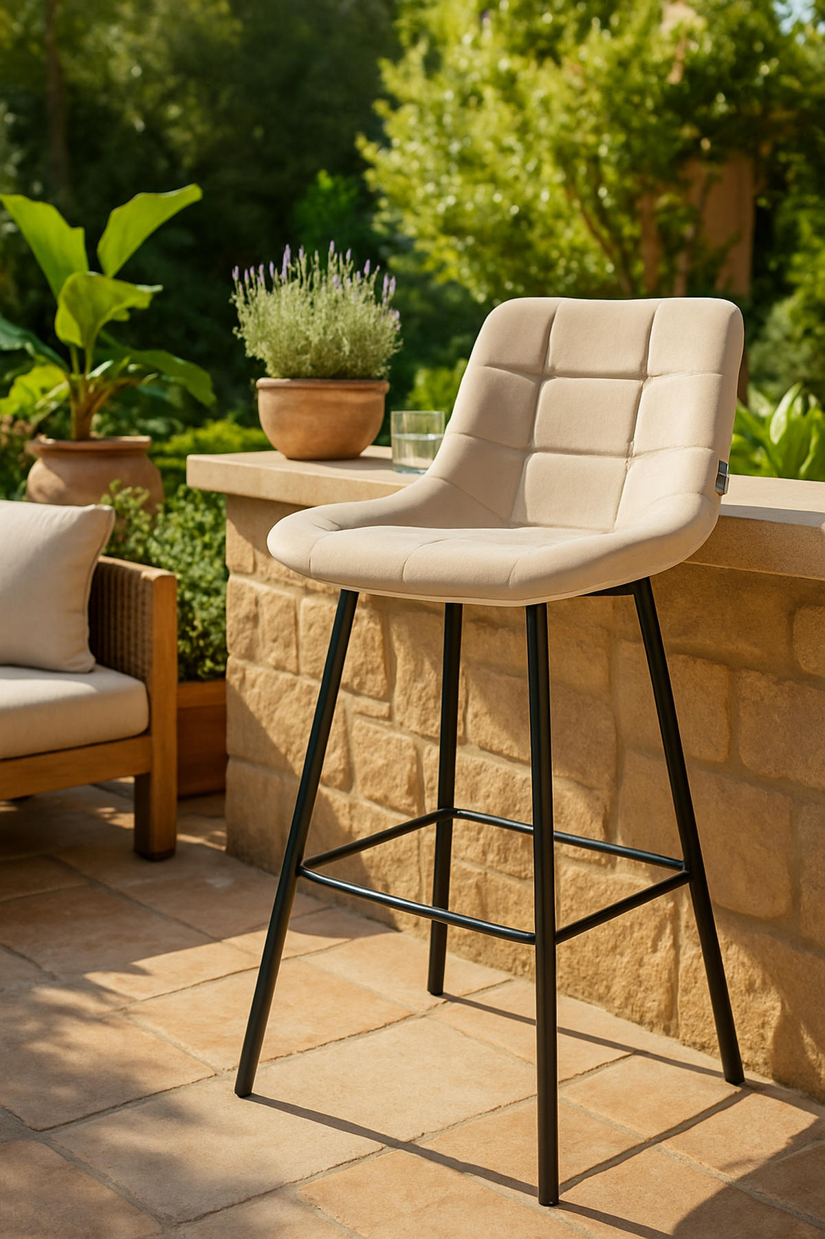 BARHOCKER Welton Samt creme - Schwarz/Naturfarben, Textil/Metall (49/104/56cm) - TPFLiving
