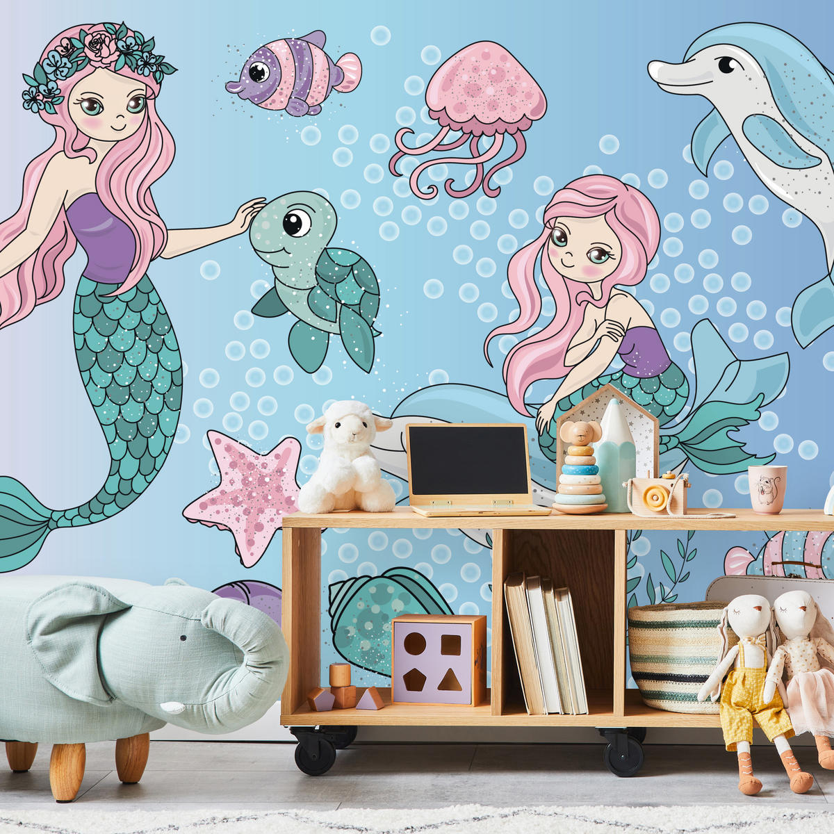 FOTOTAPETE für Kinderzimmer Meerjungfrauen Delfine Fische Muscheln Qualle Schildkröte 300x210 - Multicolor, Papier (300/210cm) - Muralo