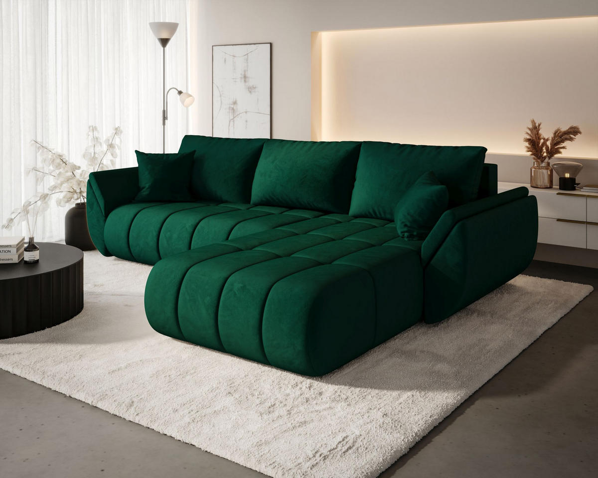 ECKSOFA SYDNEY PREMIUM rechts grün Velours Monolith 37 - Schlaffunktion, Bettkasten - Grün, Textil (280/185cm) - Cornero
