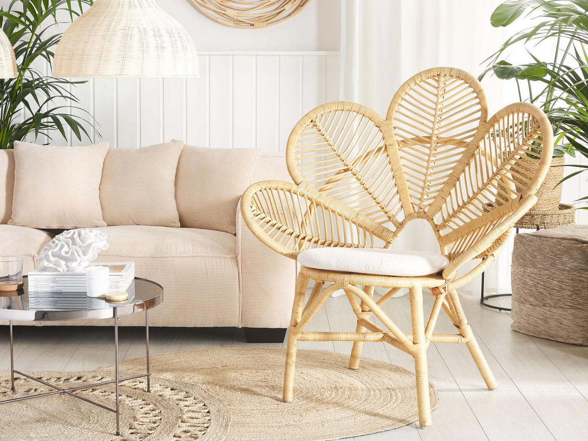 RATTANSTUHL natürlich Auflage beige Pfauform Florentine - Beige/Naturfarben, Naturmaterialien (95/107/68cm) - Beliani