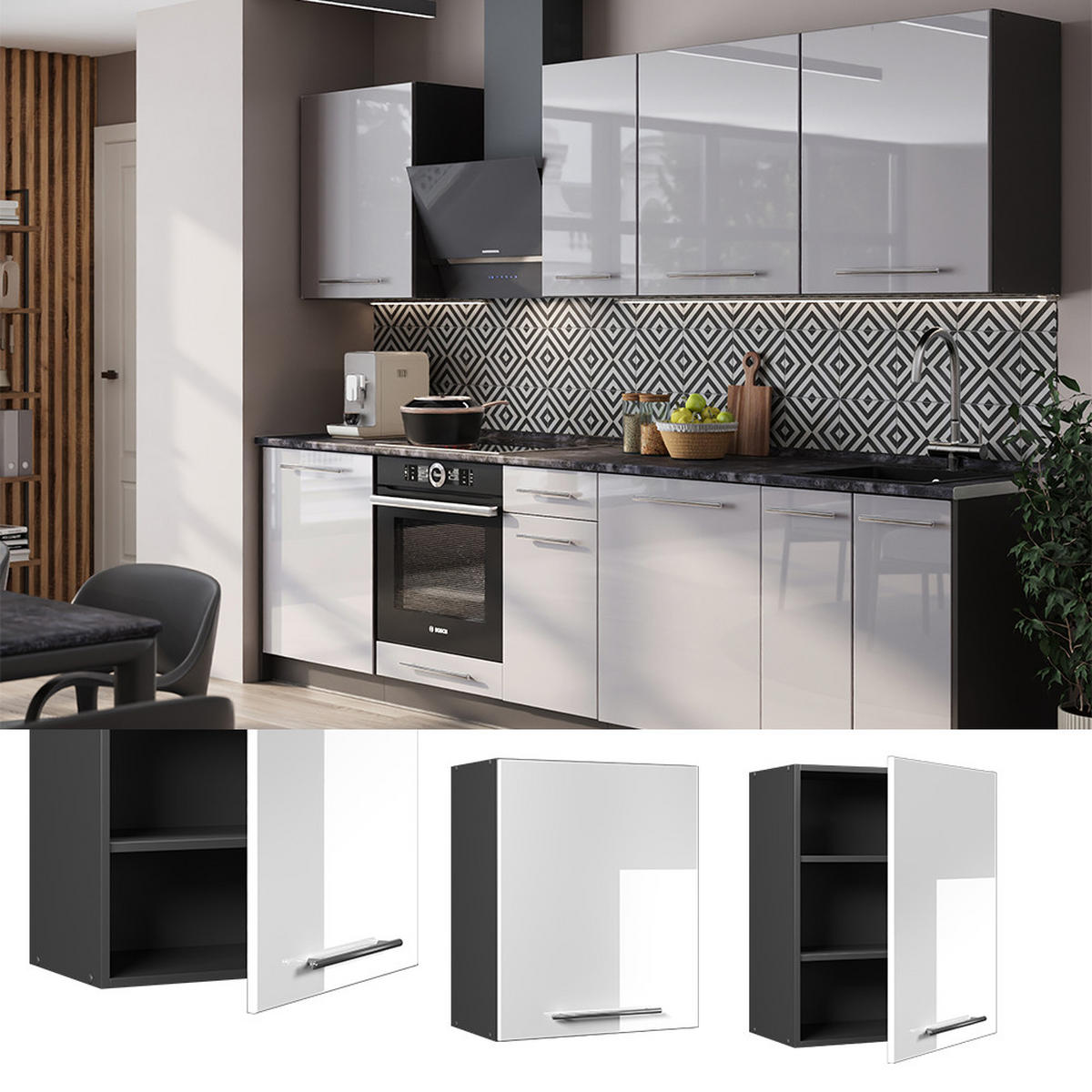 HÄNGESCHRANK Fame-Line, Weiß Hochglanz, 60 cm - Weiß Hochglanz/Anthrazit, Holzwerkstoff (60/72/34.1cm) - Vicco