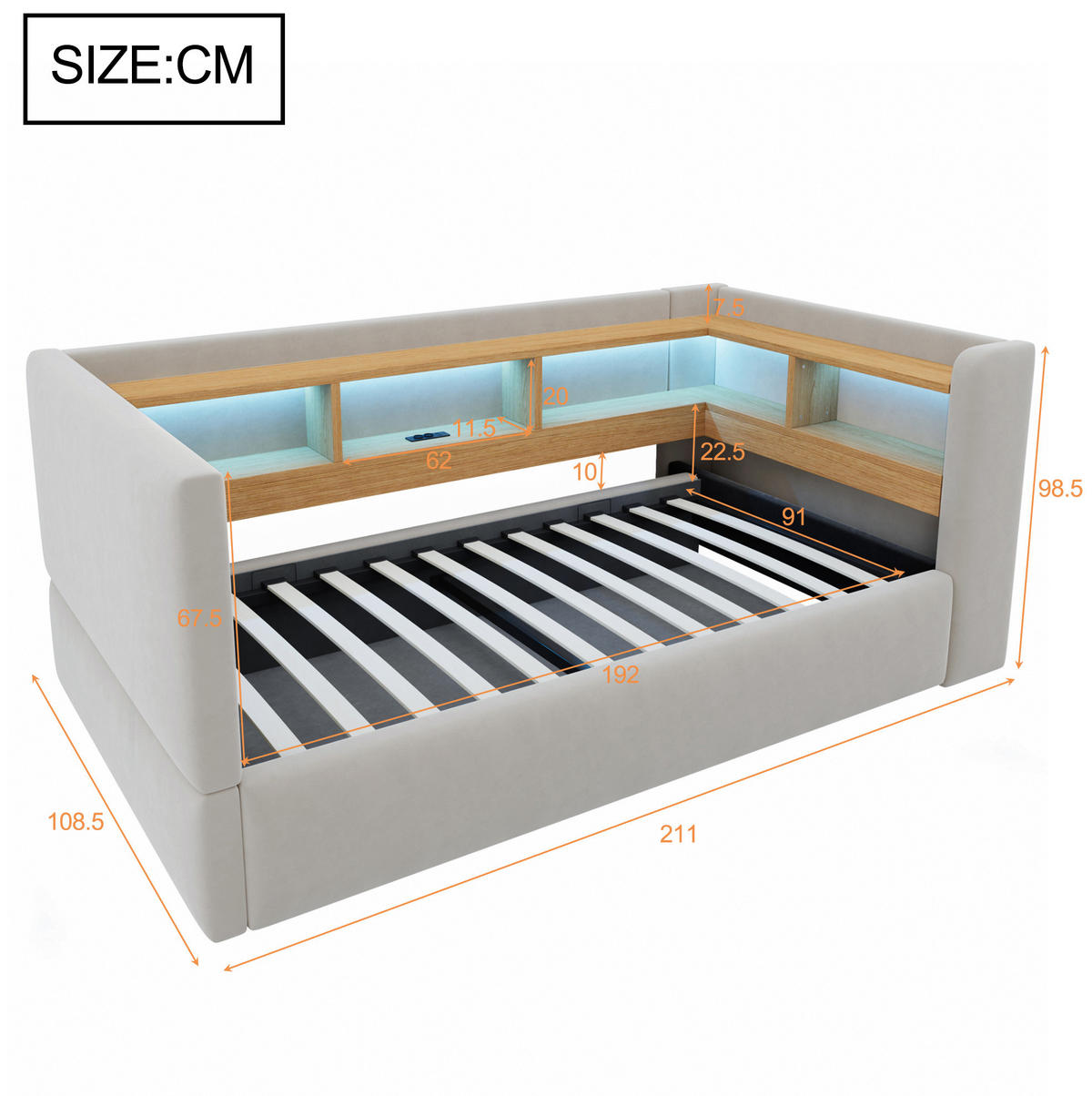 POLSTERBETT 90/190 cm aus Flanell mit LED und Steckdosen, Hellgrau - Hellgrau, Textil (90/190cm) - OKMYHOME