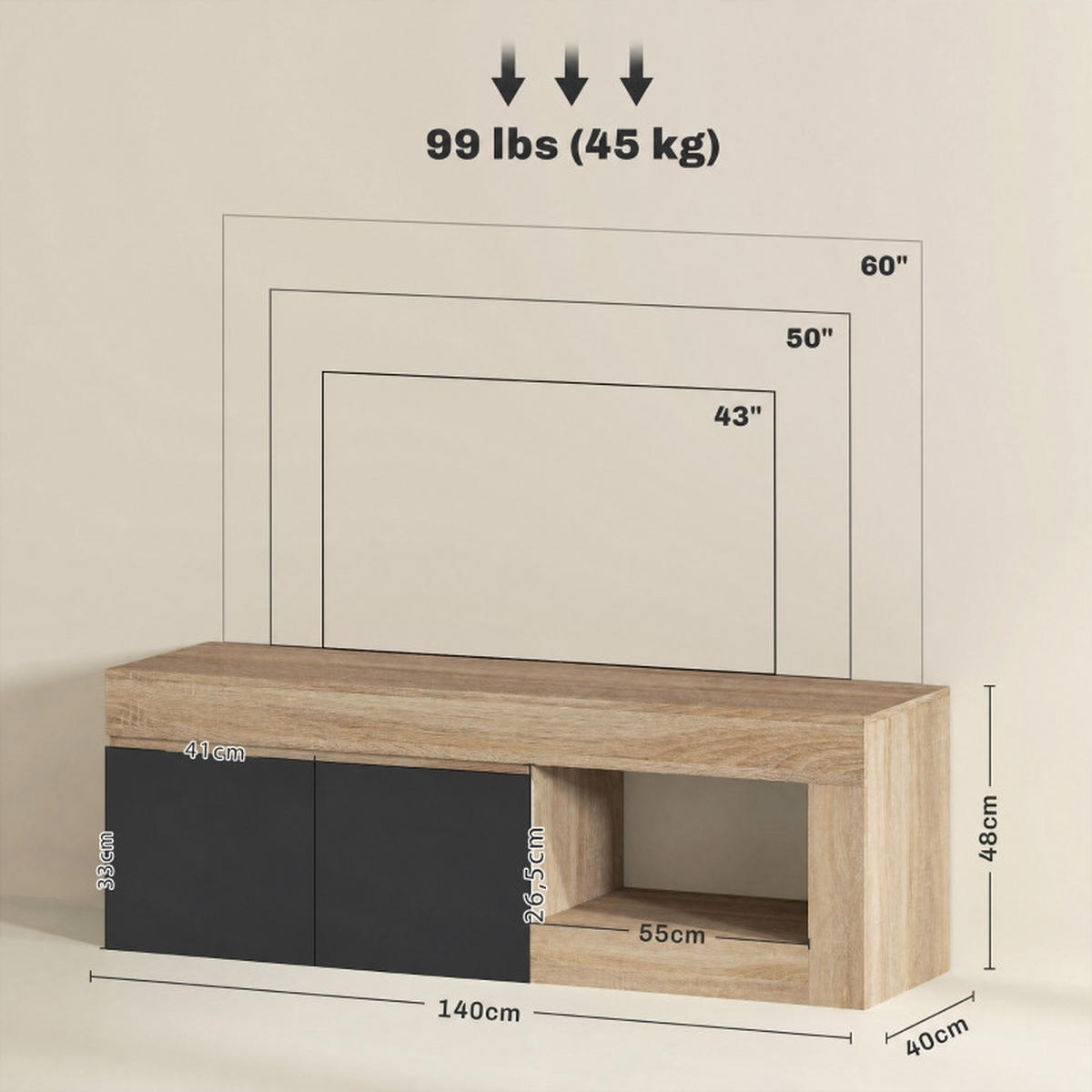 TV-MÖBEL Schwarz 1 Stück - Schwarz, Holzwerkstoff (140/48/40cm) - GiPP