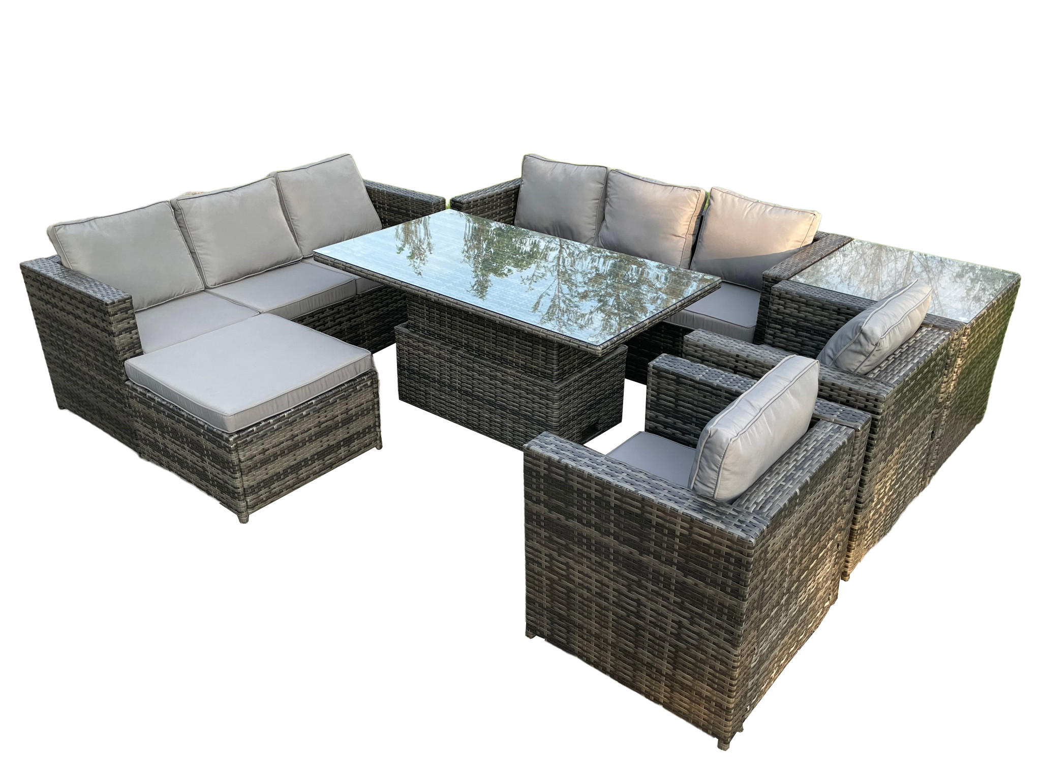 GARTENMÖBEL SET Polyrattan 9-Sitzer - Dunkelgrau/Grau, Glas/Kunststoff - Fimous