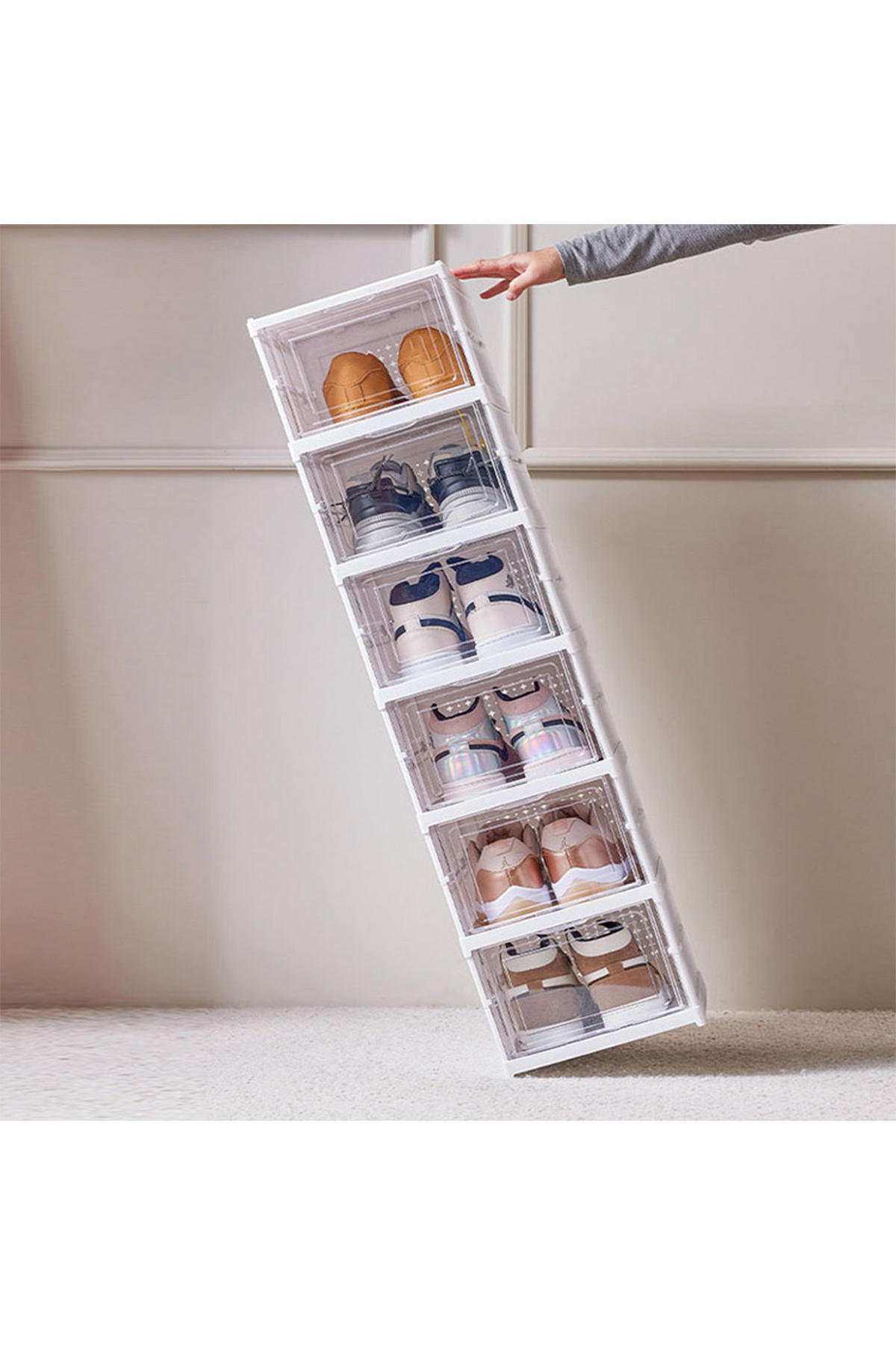 SCHUHBOXEN SCHUHSCHRANK 6-Stufig aus PP PS Kunststoff in Weiß Klappbar Gute Belüftung Einfache Montage 25,7 x 34,7 x 105 cm - Weiß, Kunststoff (25.7/105/34.7cm) - Livingandhome