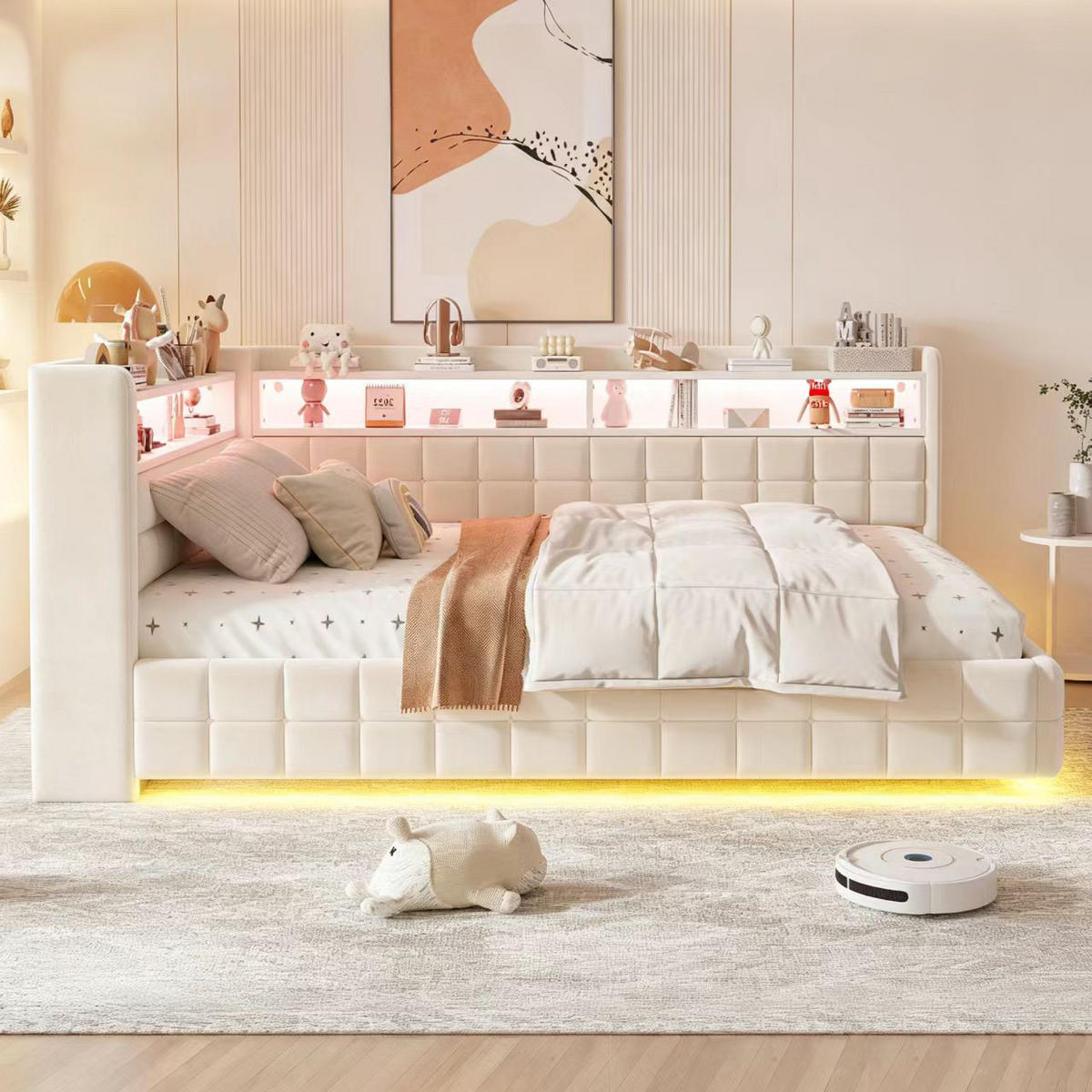 POLSTERBETT Beige 140×200cm mit hydraulischem Stauraum, Holzregal, LED-Lichtleiste und Ladeanschlüssen - Beige, Textil (140/200cm) - Luhomfu