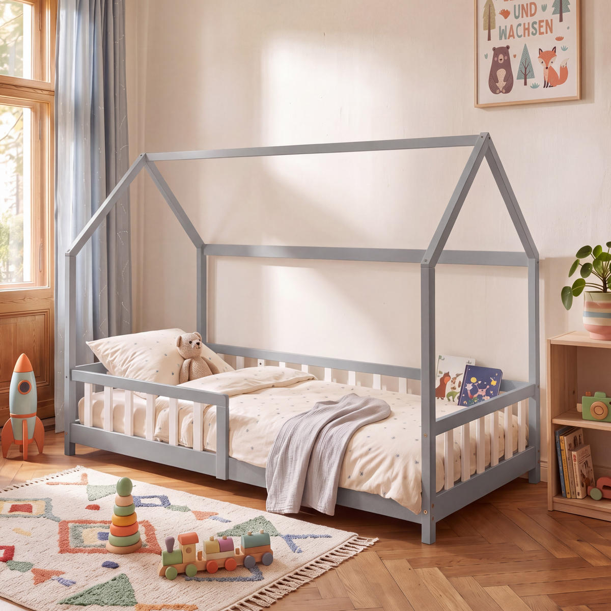 HAUSBETT Hesel - Weiß/Grau, Holz (90/200cm) - [en.casa]