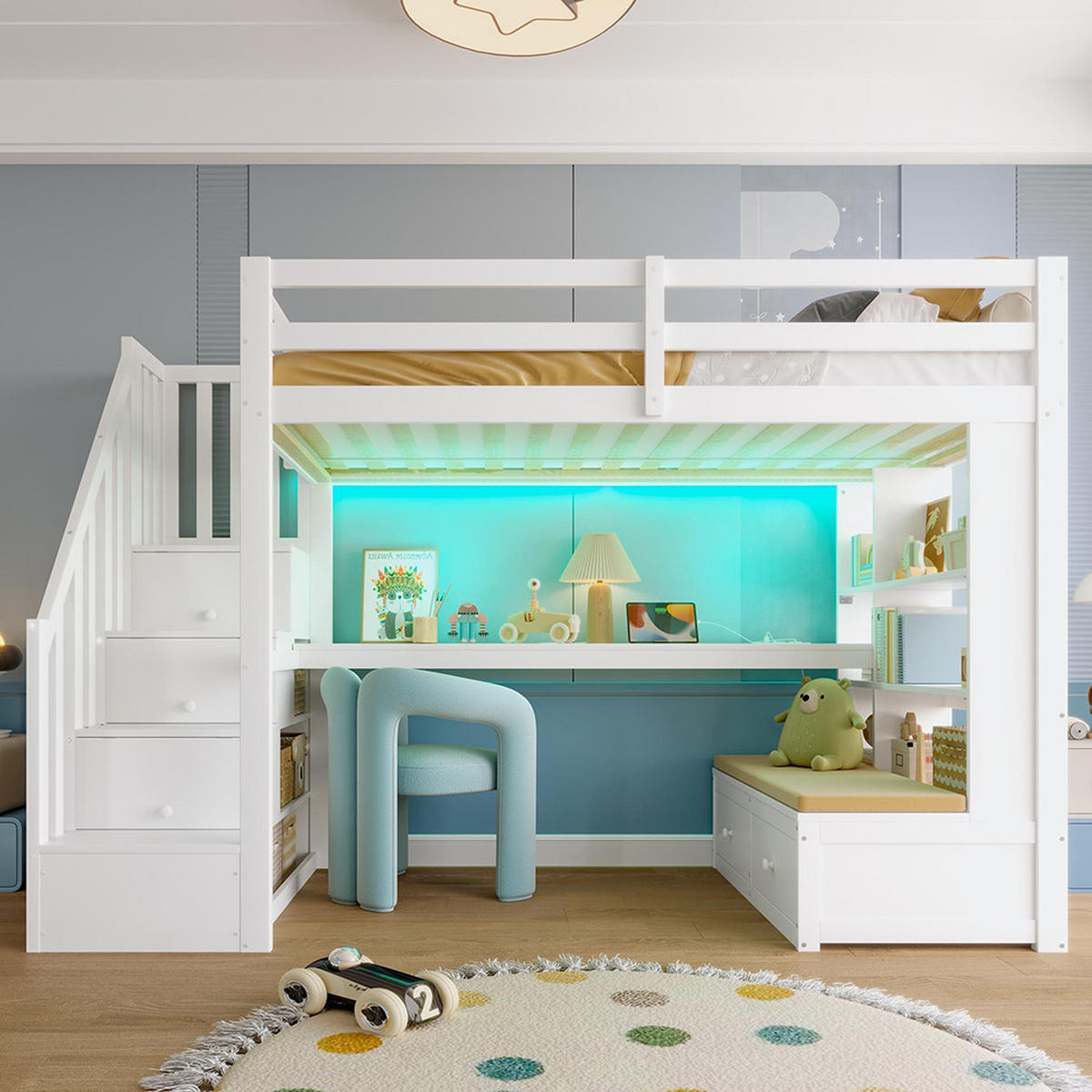 HOCHBETT 90X200 cm mit Schreibtisch und Regalen, zwei integrierten Schubladen, weiß - Weiß, Holz (90/200cm) - KOMHTOM