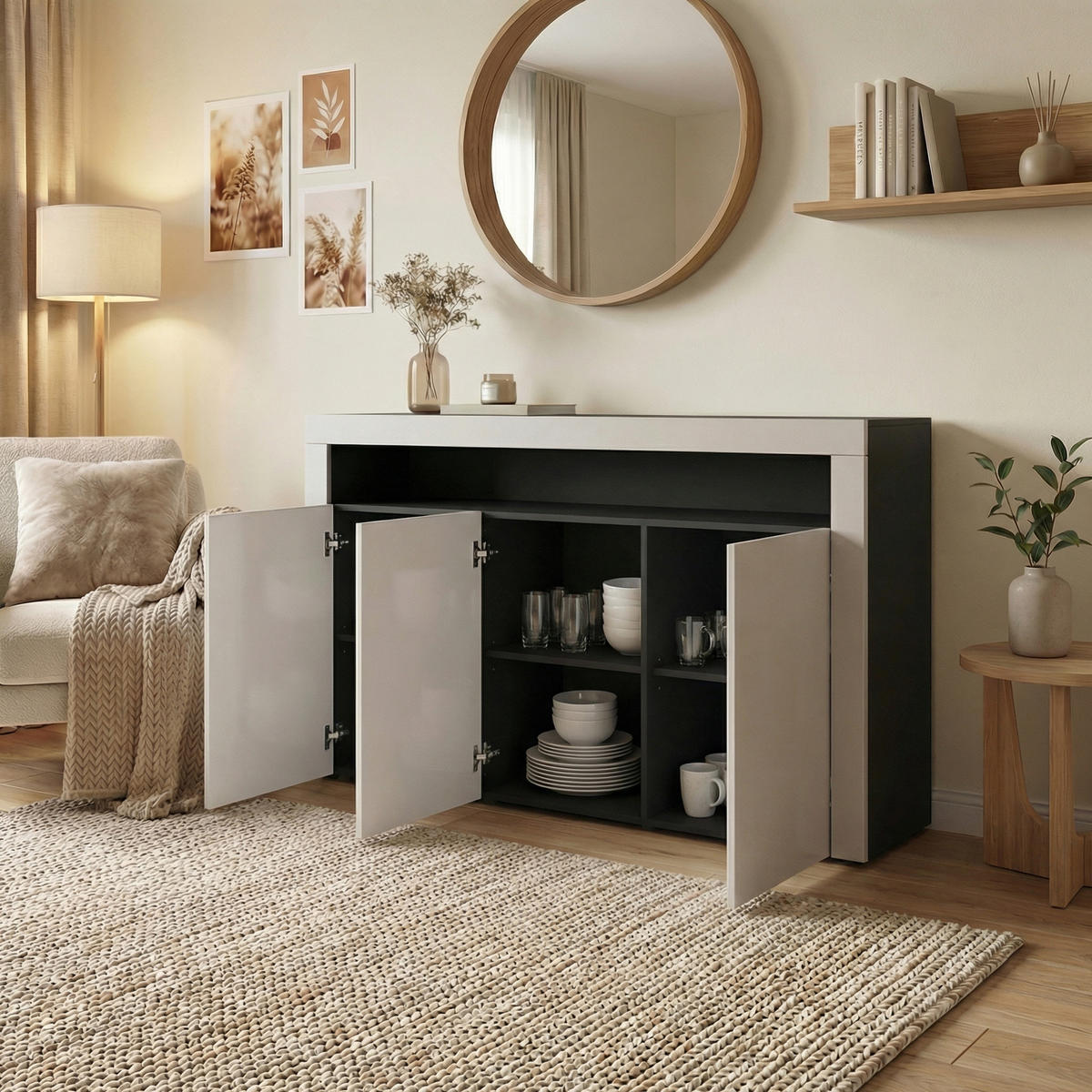 SIDEBOARD Valencia Grau Hochglanz / Schwarz Hochglanz - Grau, Holzwerkstoff (155/92/40cm) - Vladon