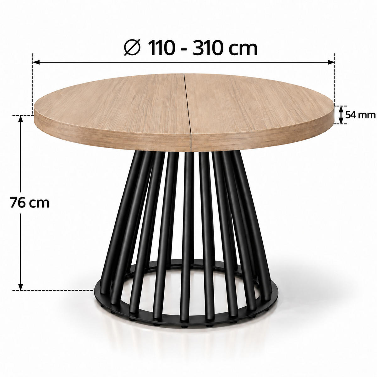 ESSTISCH rund ausziehbar 110/310/76 cm, Hellbraun Eiche Hikora Egger, 54 cm Tischplatte + Lamellen-Metallgestell Schwarz - Hellbraun/Eichefarben, Holzwerkstoff/Metall (110/310/76cm) - Damale Möbel