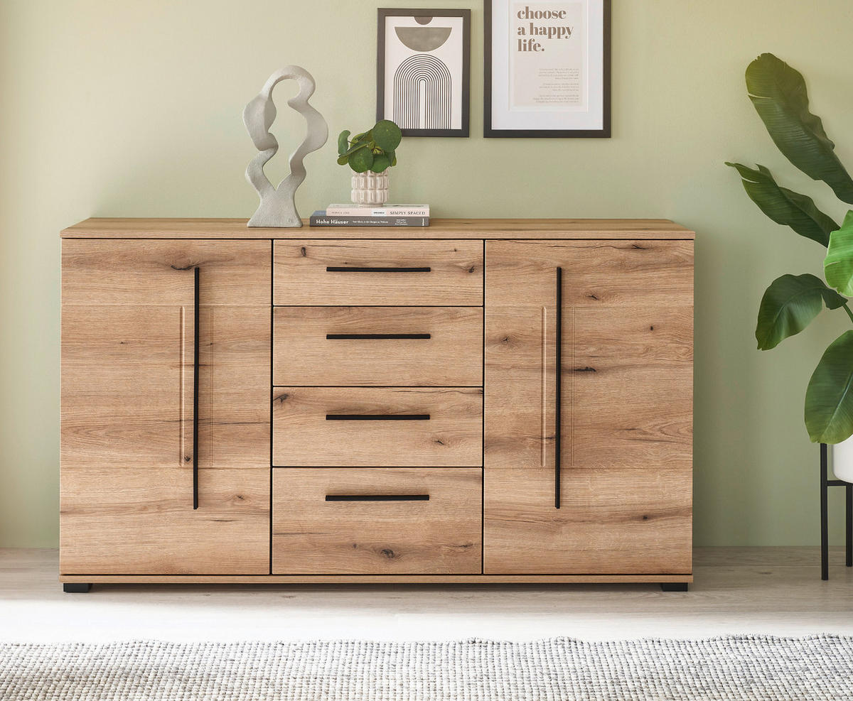 SIDEBOARD Eiche Evoke, Kommode 150 cm mit Soft-Close - Eichefarben/Schwarz, Holzwerkstoff/Kunststoff (150/86/42cm) - Furn.Design