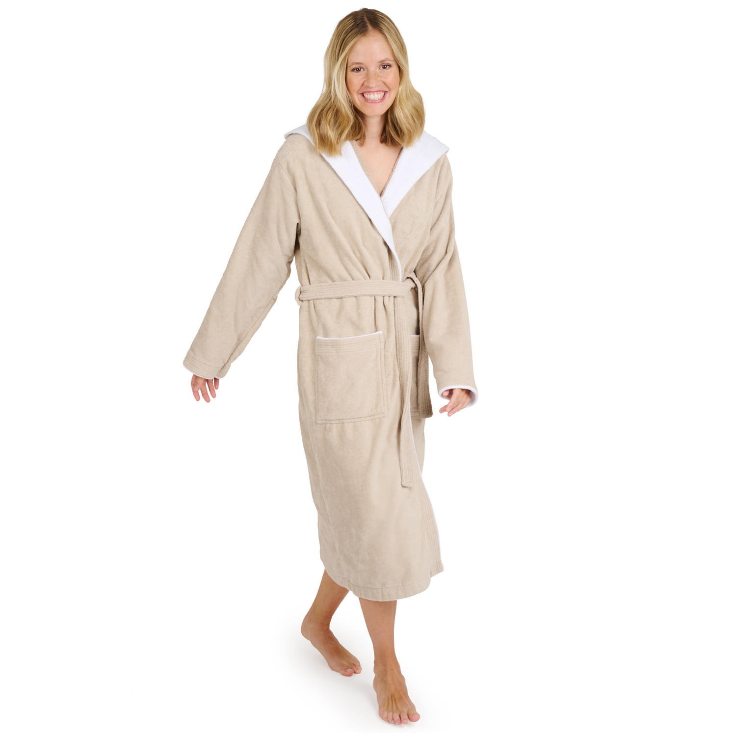 BADEMANTEL Cotton Ida: M, Taupe und Weiß - Beige, Textil (Mnull) - Blumtal