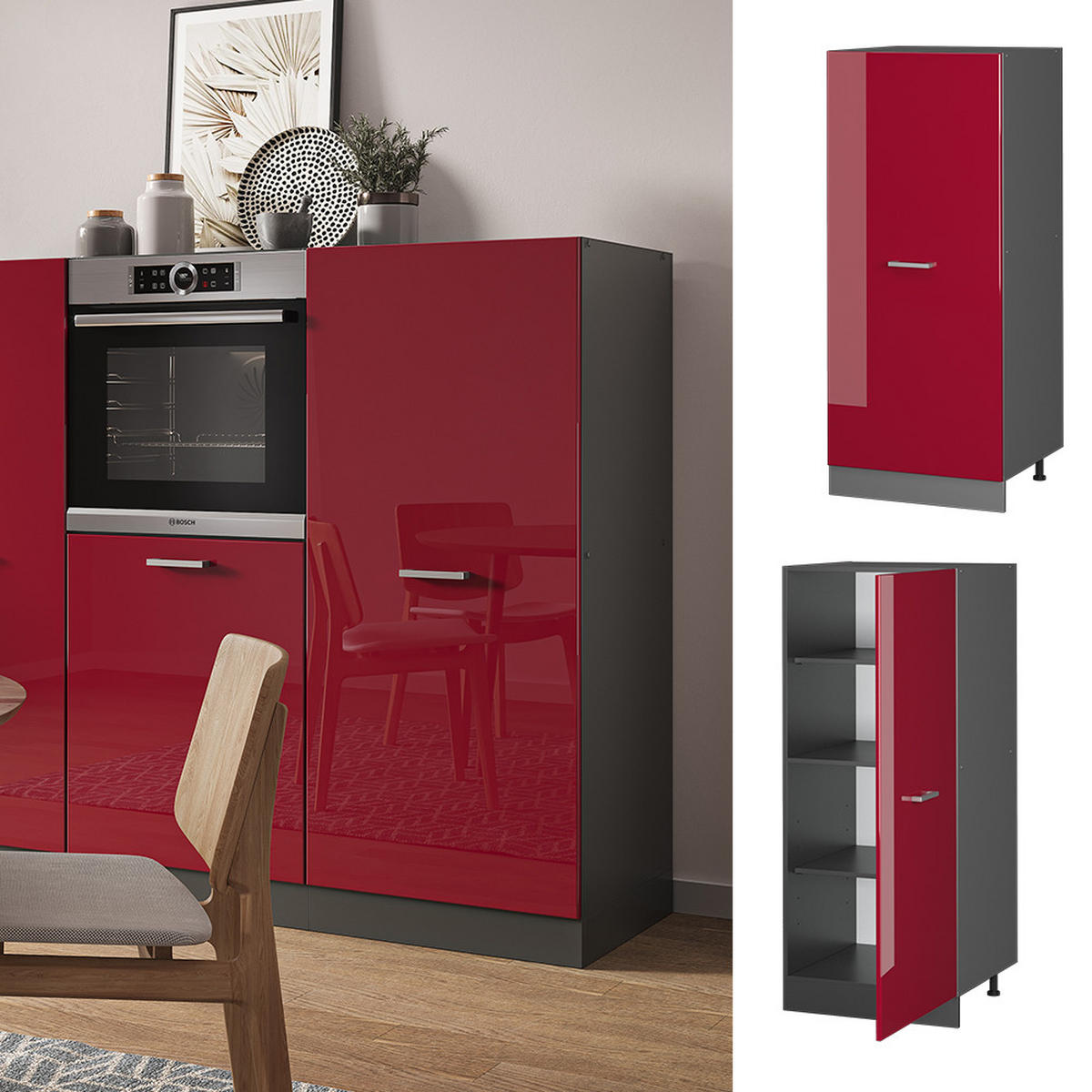 HOCHSCHRANK R-Line Rot Hochglanz 60 cm - Bordeaux/Anthrazit, Holzwerkstoff (60/143/57cm) - Vicco
