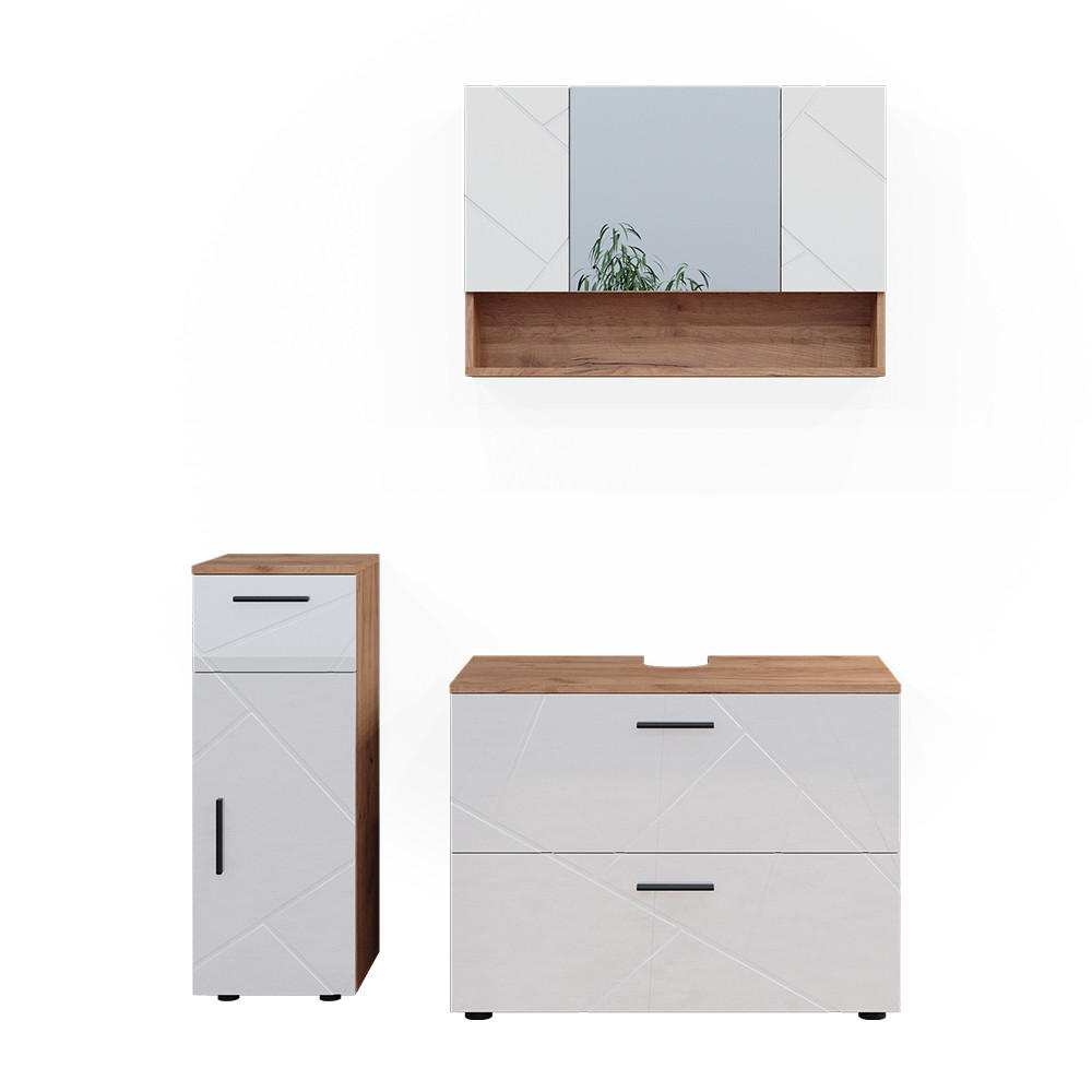 BADMÖBEL-SET Irma Weiß Hochglanz/Goldkraft Eiche 3 Teile - Weiß Hochglanz/Eiche Wotan, Holzwerkstoff (80/58.6/41cm) - Vicco