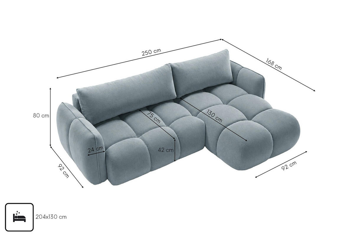 ROHOVÁ SEDAČKA ve tvaru L s funkcí spaní, velurová tkanina Bluvel, Modrošedá, Pravá strana, BELVEDER L - šedohnědá, dřevo (250/168cm) - Kaiser Möbel