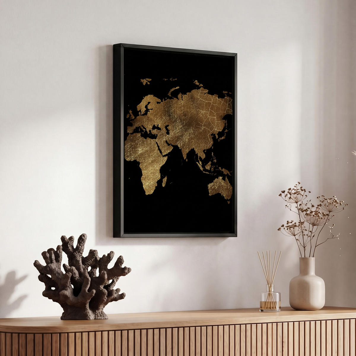 LEINWAND Bilder mit Rahmen - Weltkarte - Gold - Luxus - Erde - Schwarz - 20x30 - Goldfarben, Textil (20/30cm) - MuchoWow