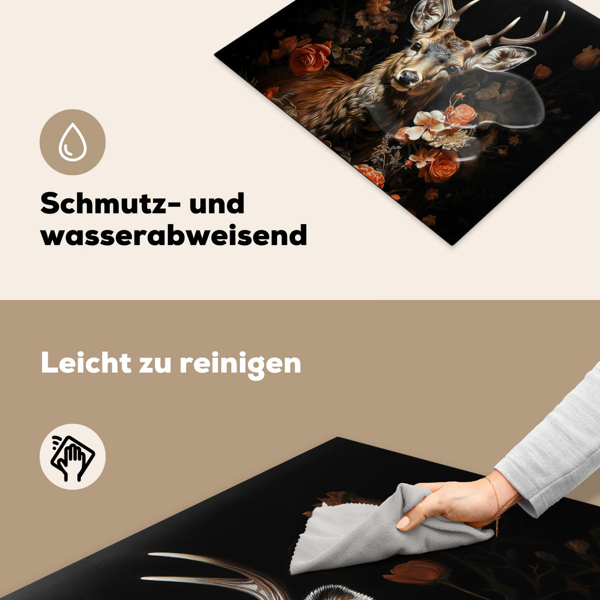 HERDABDECKPLATTE Hirsch - Tier - Blumen - Natur - Botanisch 58x51 cm - Kupferfarben, Kunststoff (58.3/0.2/51.3cm) - MuchoWow
