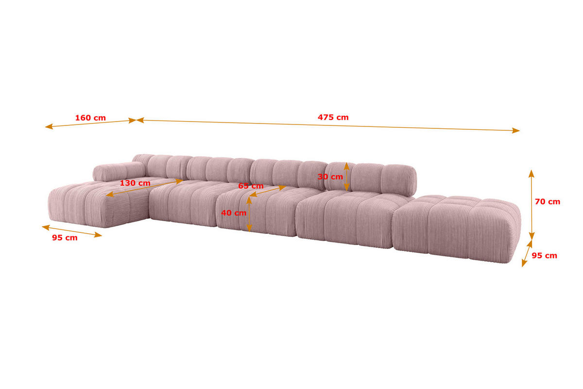 ECKSOFA modulares Sofa Lizur-L3 - 475x160x70 cm Rosa Cord - Rosa, Holzwerkstoff/Textil (475/160cm) - ALTDECOR