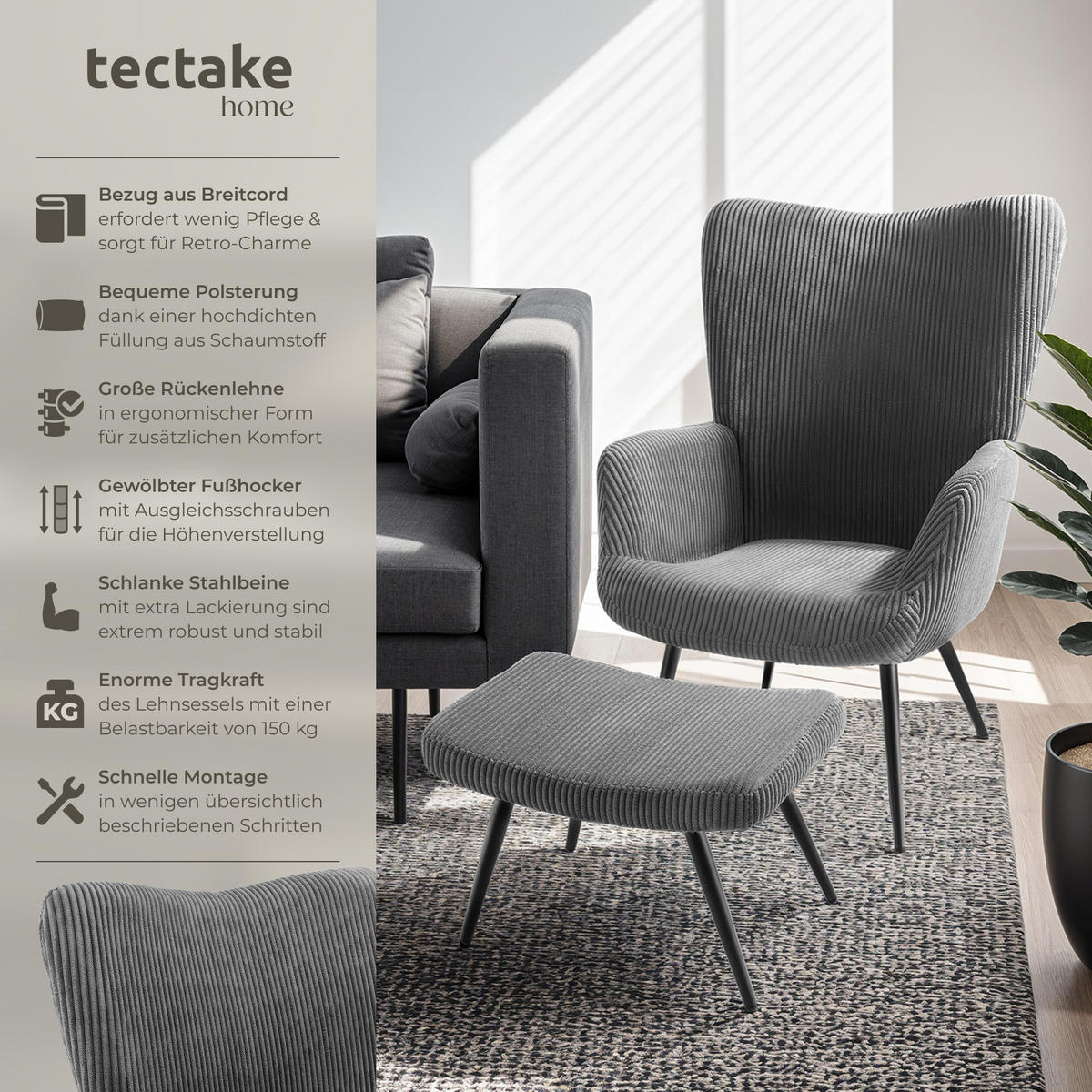 SESSEL Hygge,72 x 76 x 100,5 cm,Breitcord anthrazit/schwarz - Anthrazit/Schwarz, Kunststoff (72/100.5/76cm) - tectake